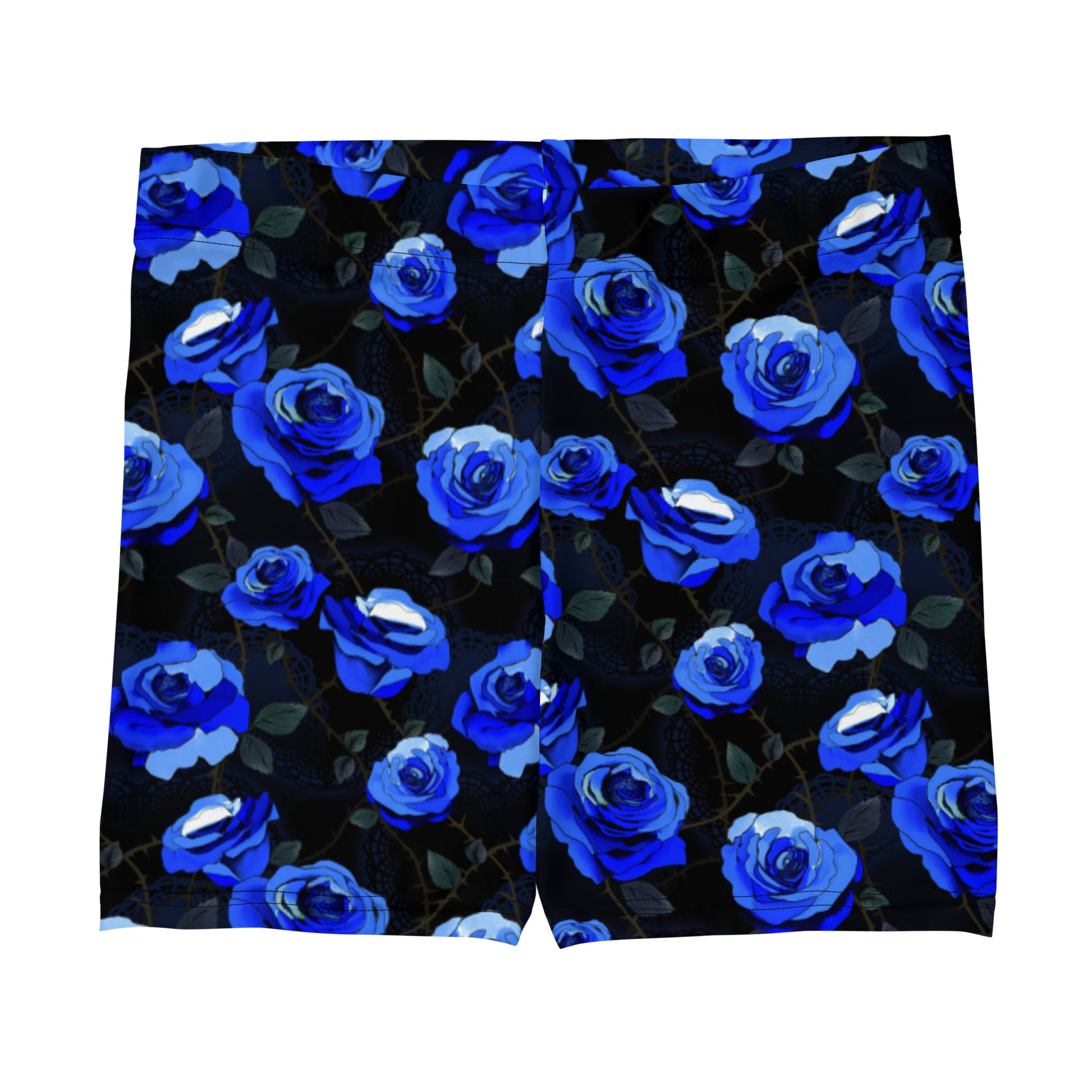Stylish Enchanted Rose Shorts featuring vibrant blue roses, perfect for comfy lounging or sporty activities.
