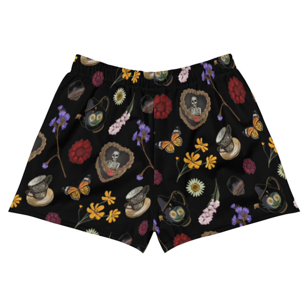 Gothic Tea Time Athletic Short Shorts feature a unique floral and skull design for stylish comfort. Perfect for sunny days!