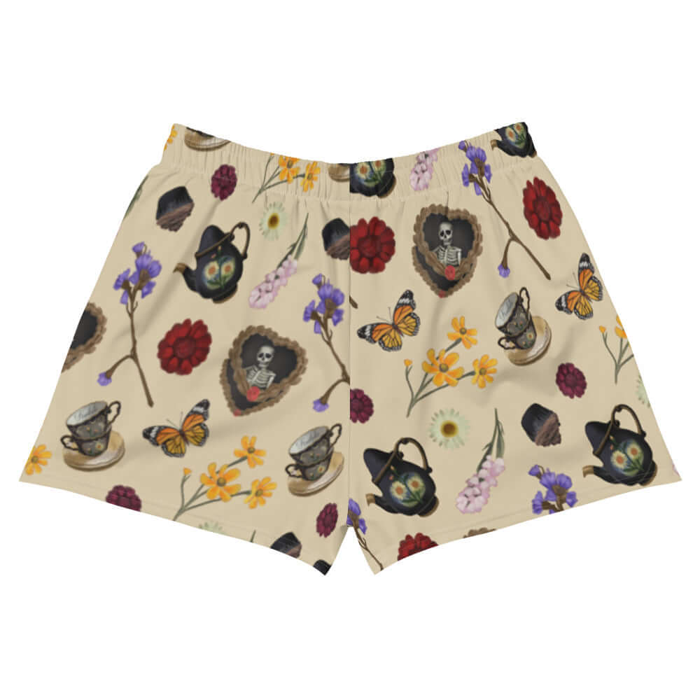 Gothic Tea Time Athletic Short Shorts feature a unique design with teapots, flowers, and butterflies for stylish comfort.