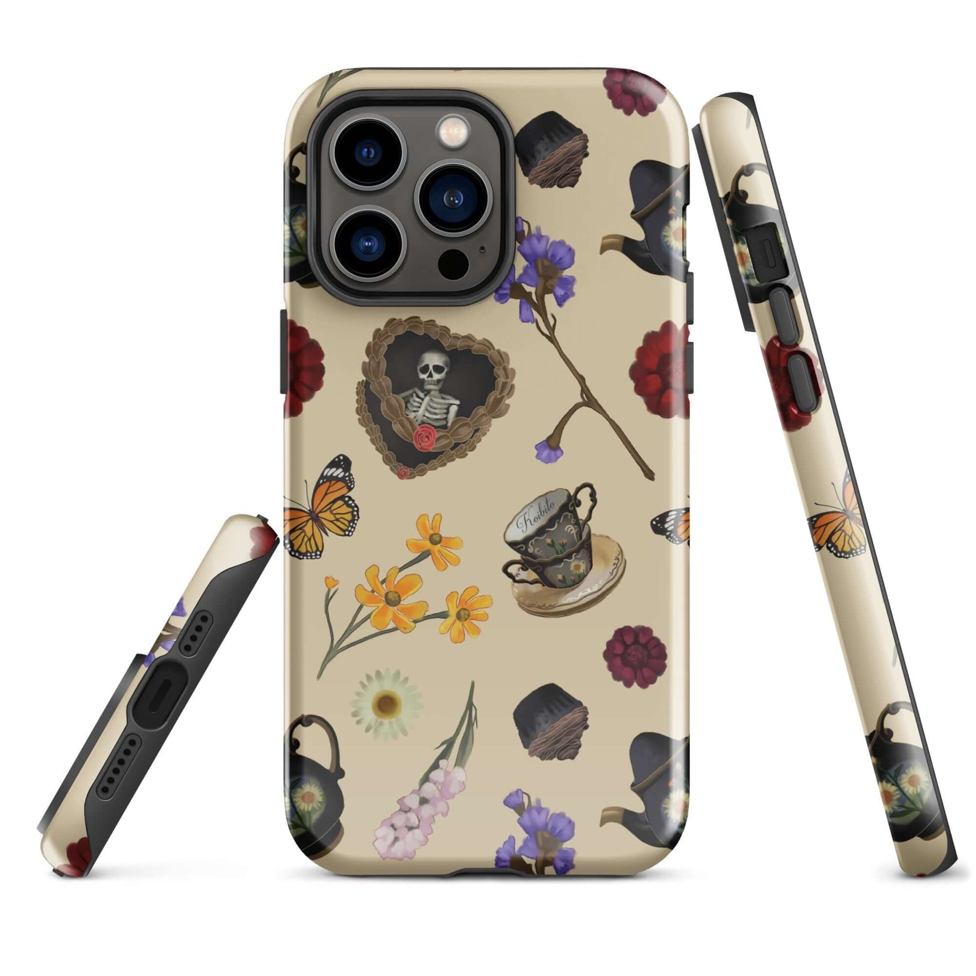 Stylish Gothic Tea Time iPhone® Tough Case featuring floral and skull designs for ultimate phone protection.