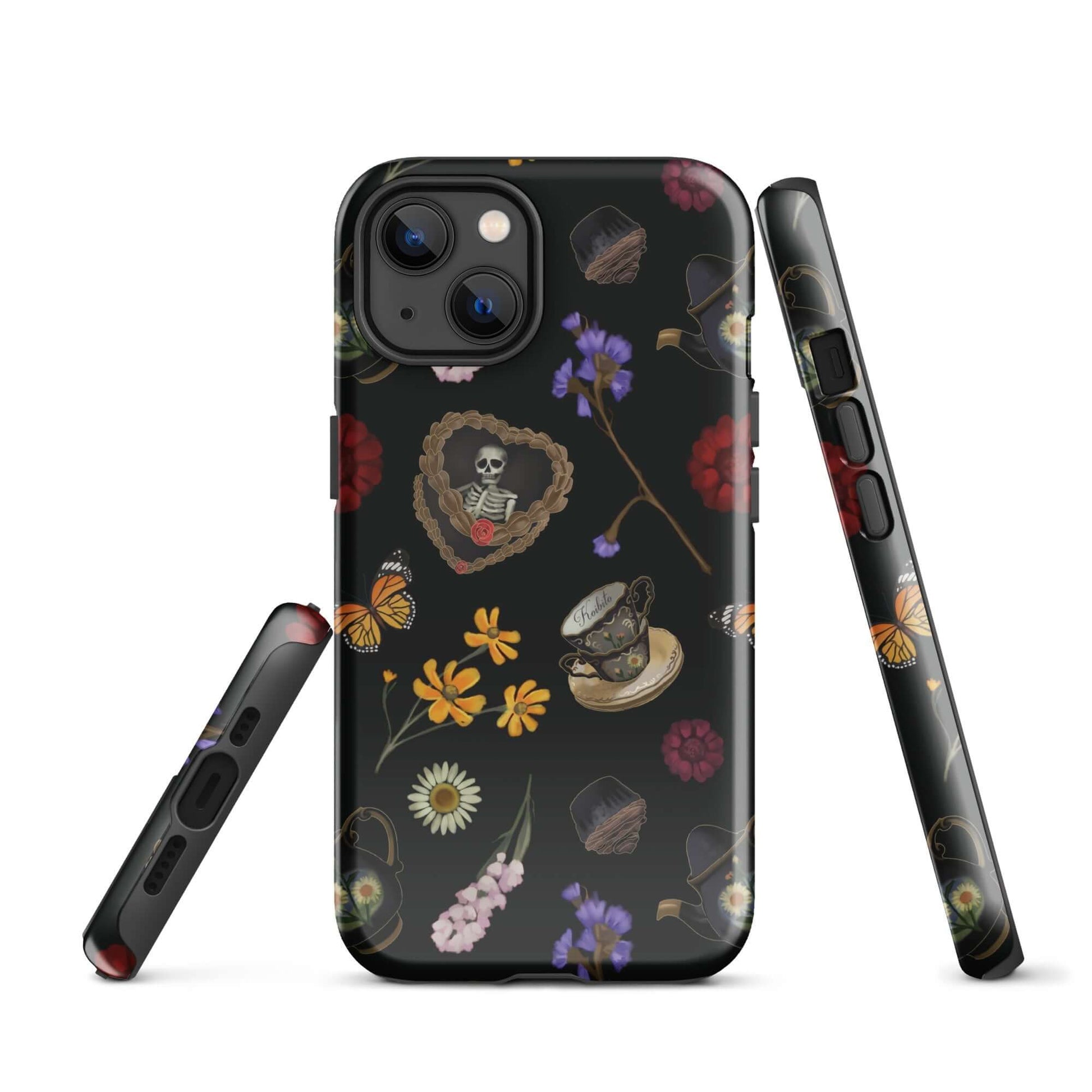 Gothic Tea Time iPhone® Tough Case features a stylish design with floral and skull motifs for ultimate protection.