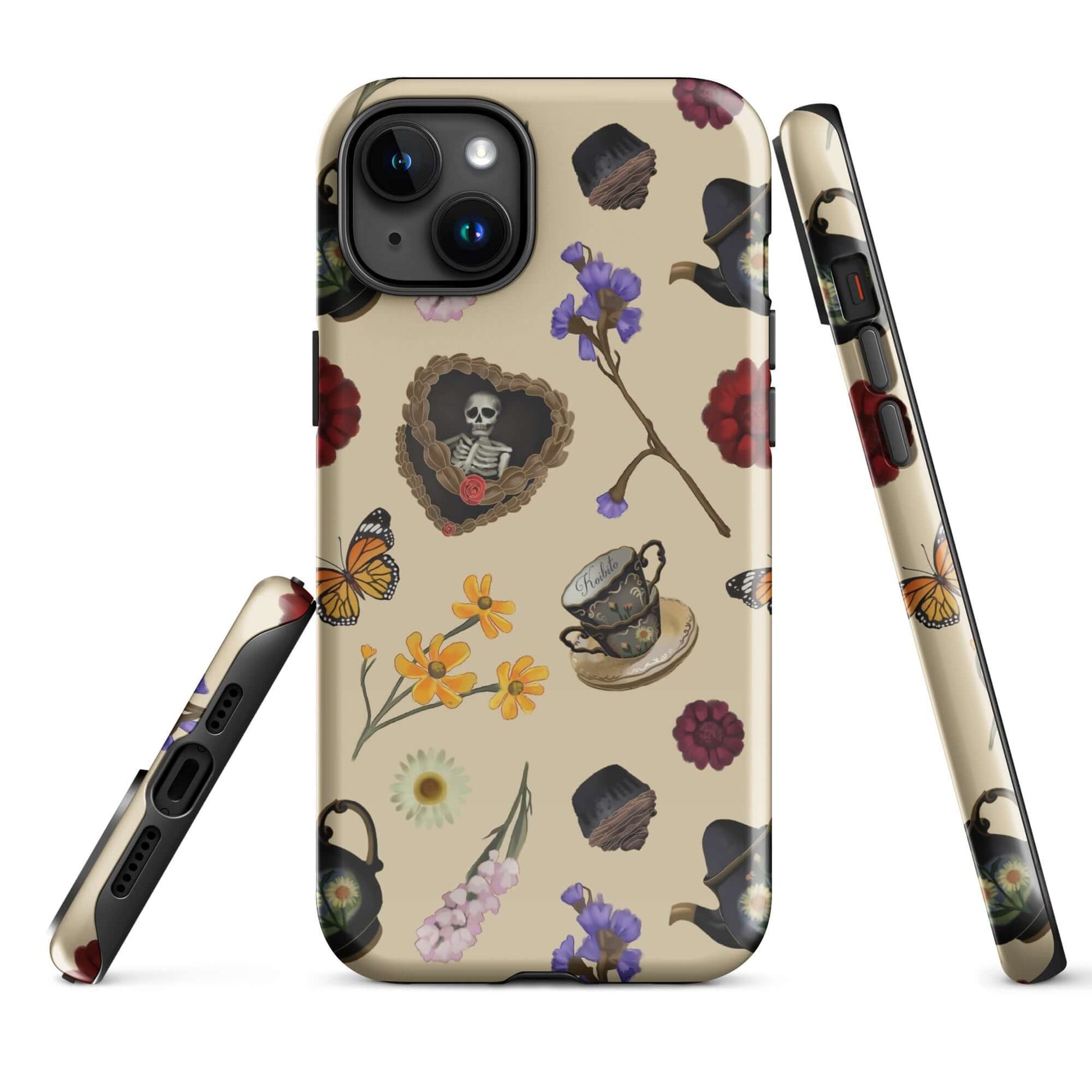 Gothic Tea Time iPhone® Tough Case features a stylish design with floral and skeleton motifs for ultimate protection.