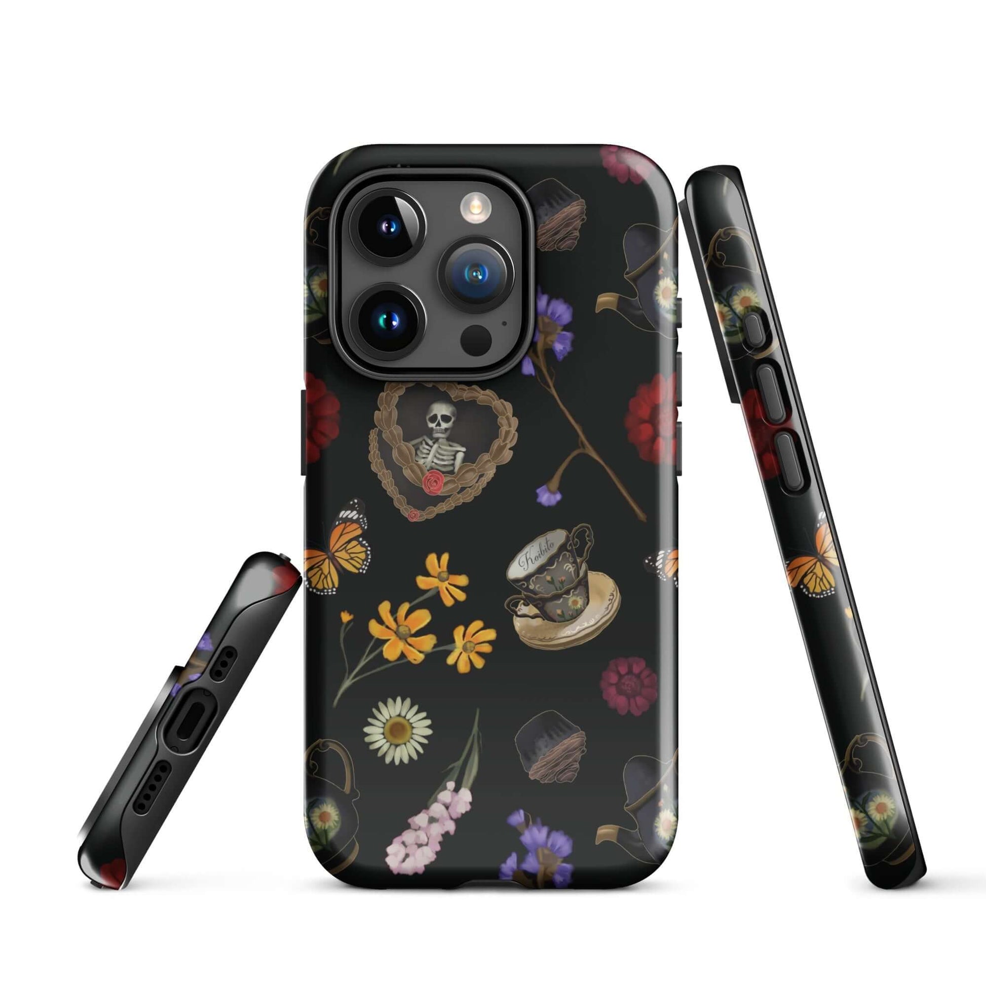 Stylish Gothic Tea Time iPhone® Tough Case features floral and skull designs for optimal protection and fashion.