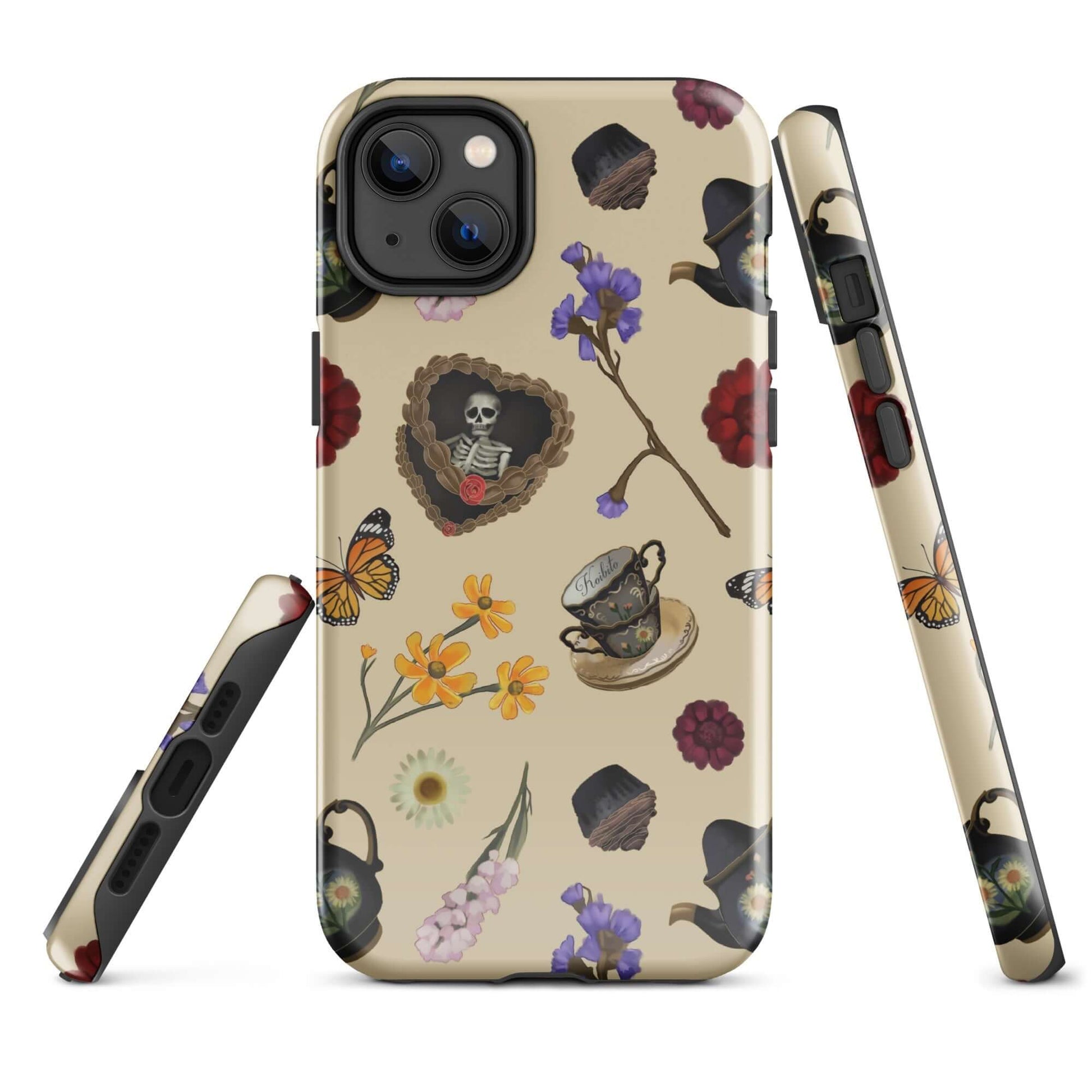 Stylish Gothic Tea Time iPhone® Tough Case featuring floral and skeleton designs for durable phone protection.