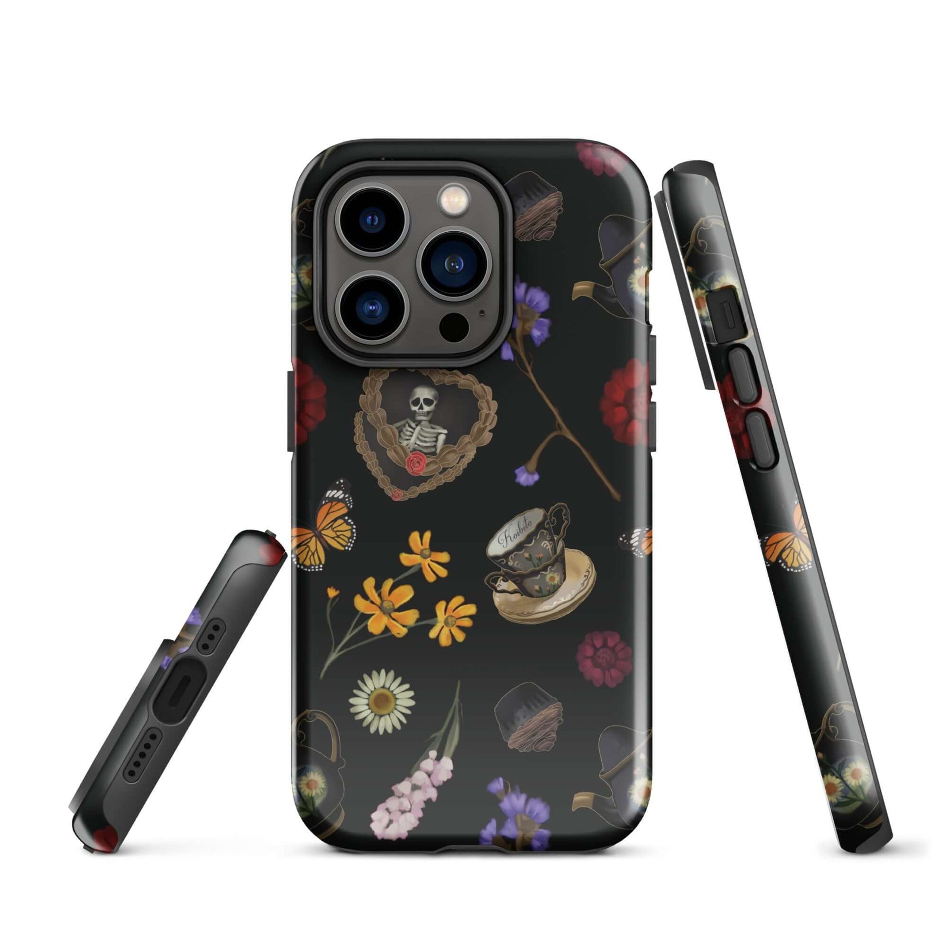 Stylish Gothic Tea Time iPhone® Tough Case features a durable design with unique floral and skull patterns.