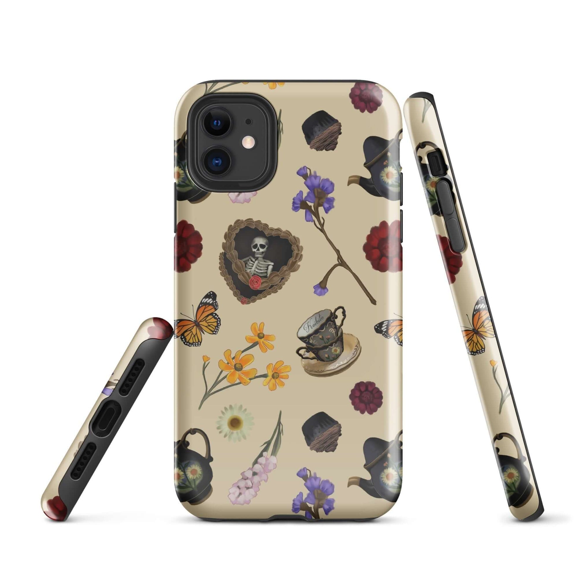 Stylish Gothic Tea Time iPhone® Tough Case featuring floral and skull designs for durable phone protection.