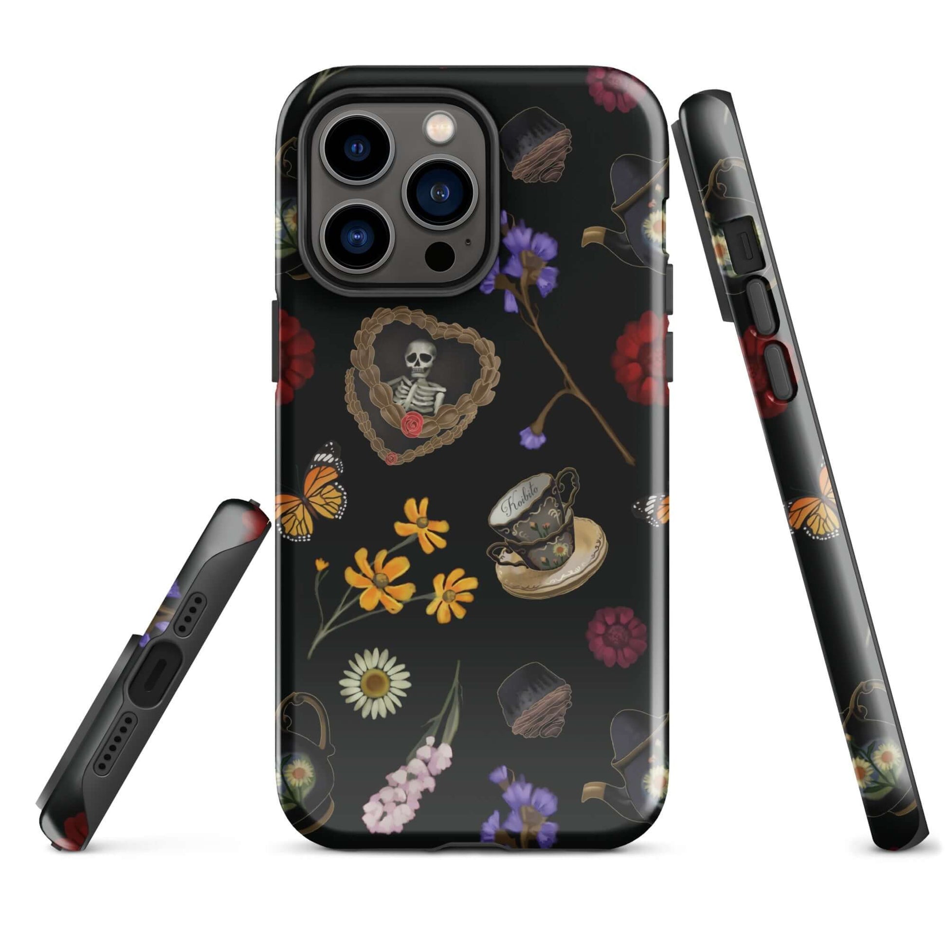 Stylish Gothic Tea Time iPhone® Tough Case featuring floral and skull designs for ultimate protection and fashion.