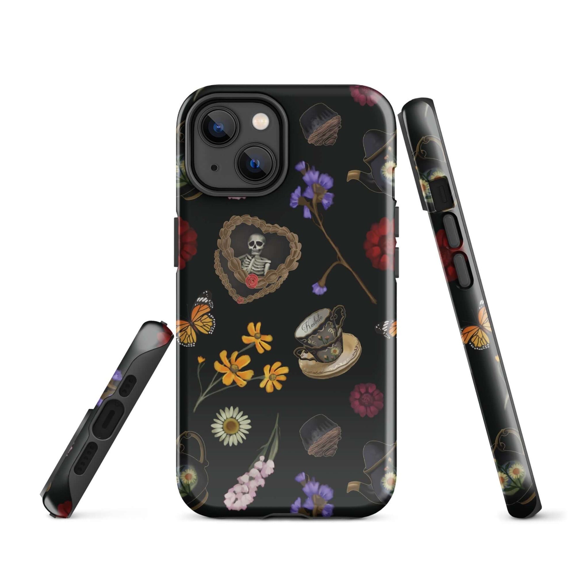 Gothic Tea Time iPhone® Tough Case features stylish floral and skull designs for fashionable phone protection.