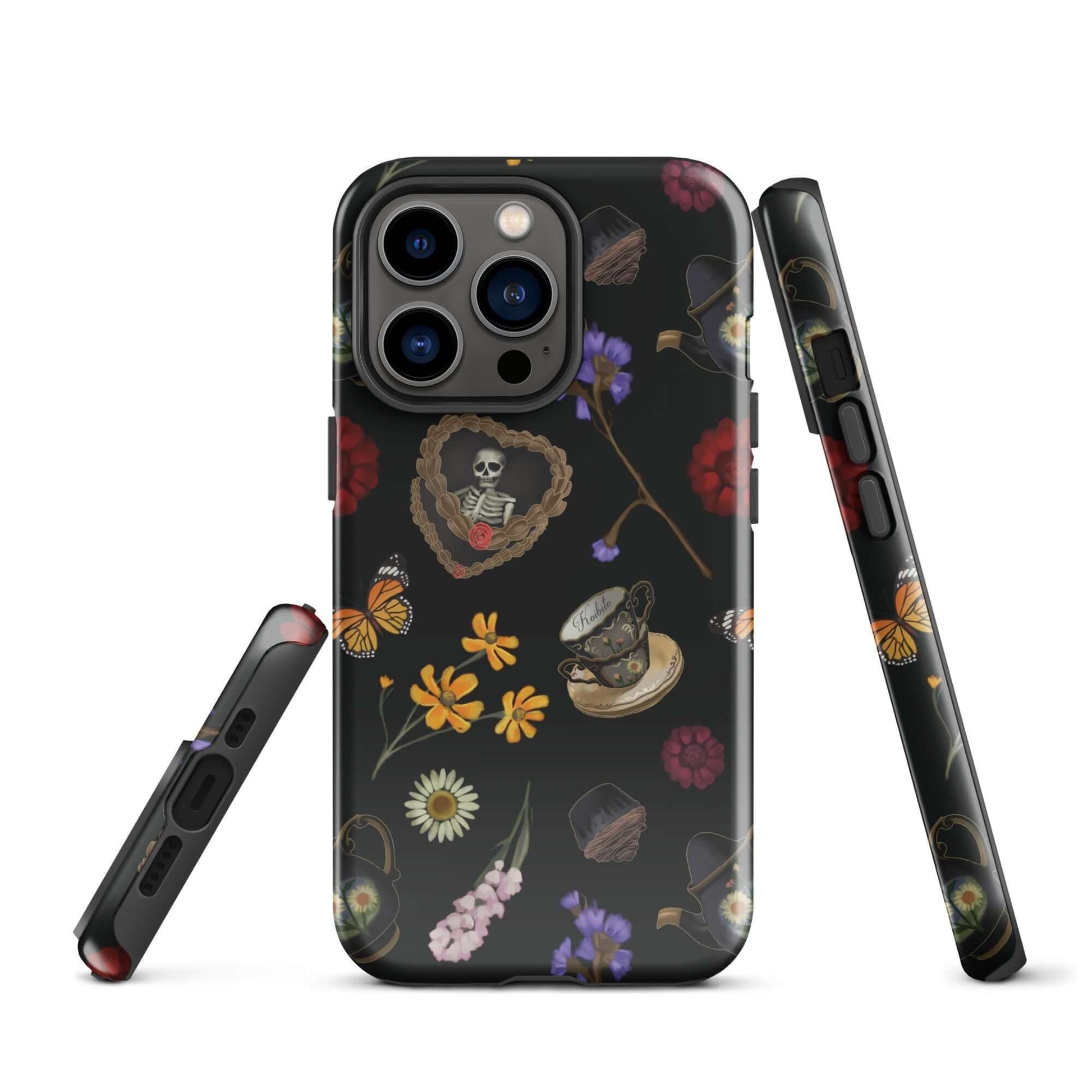 Stylish Gothic Tea Time iPhone® Tough Case features floral and skull designs, ensuring protection and a unique look.