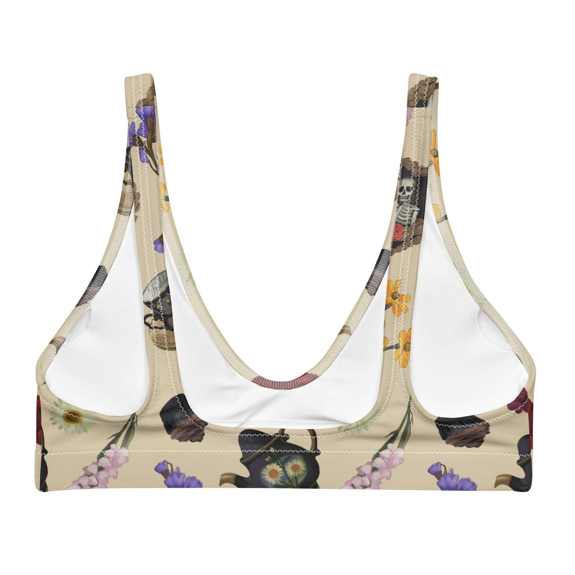 Stylish Gothic Tea Time Padded Bikini Top features unique floral and tea-themed prints, perfect for beach outings.