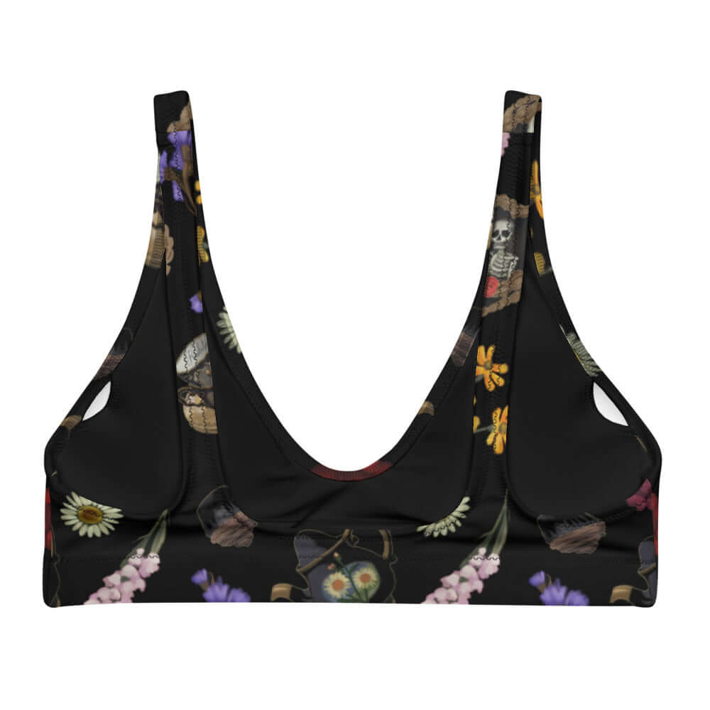 Gothic Tea Time Padded Bikini Top featuring dark floral prints, perfect for beach days or water park adventures.