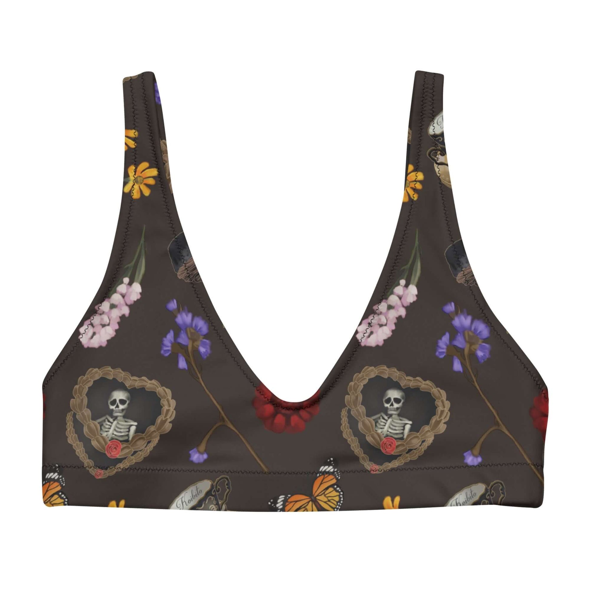 Gothic Tea Time Padded Bikini Top features a dark floral design, perfect for beach days and unique style.