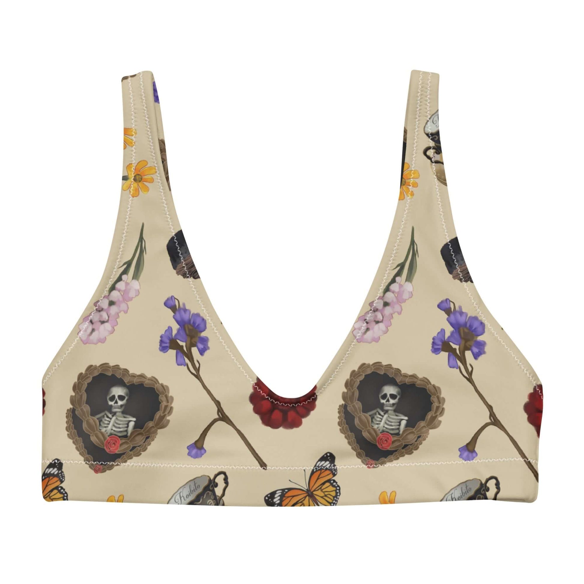 Gothic Tea Time Padded Bikini Top features a unique floral and skeleton design, perfect for beach outings.