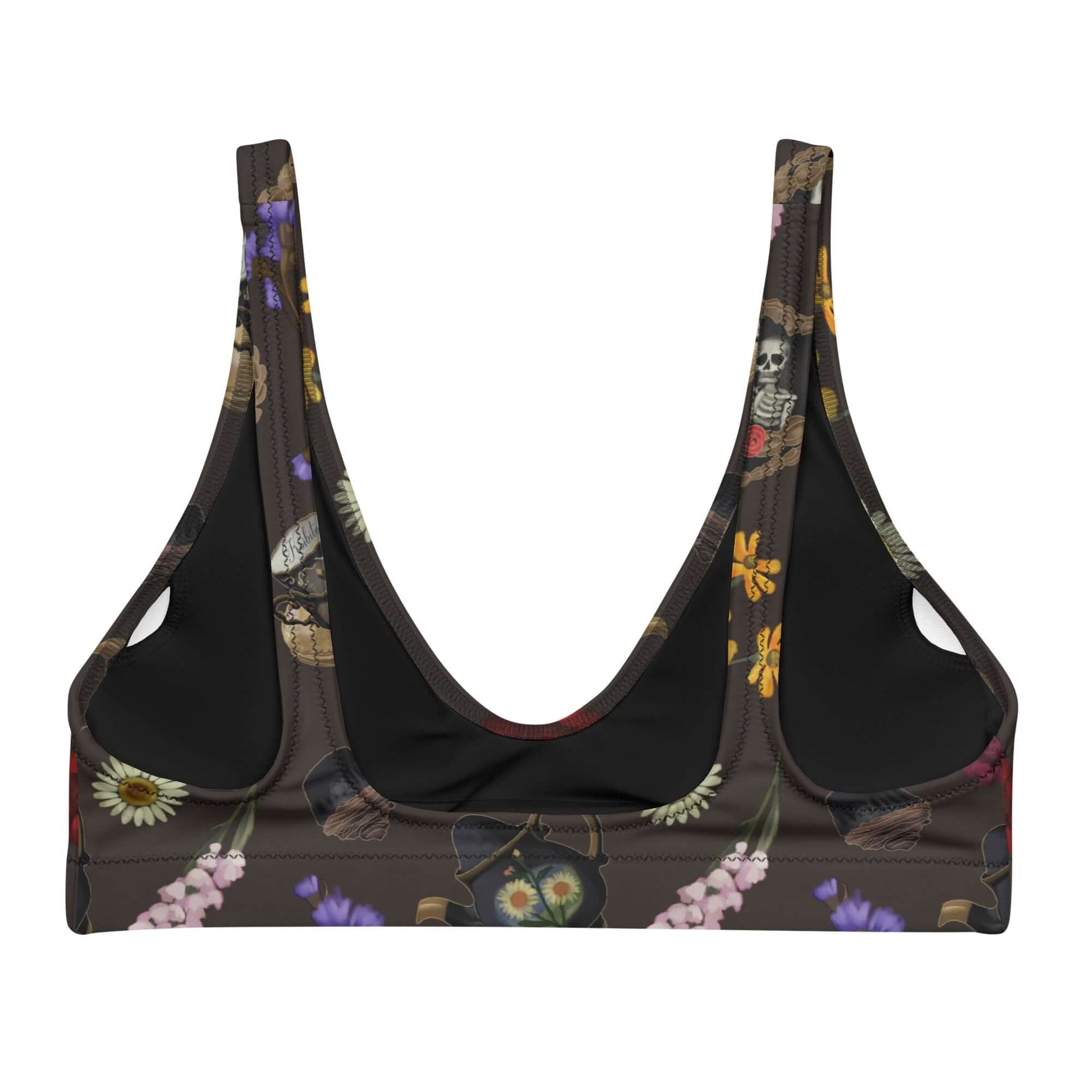Gothic Tea Time Padded Bikini Top features a unique floral skull design, perfect for beach days and water parks.