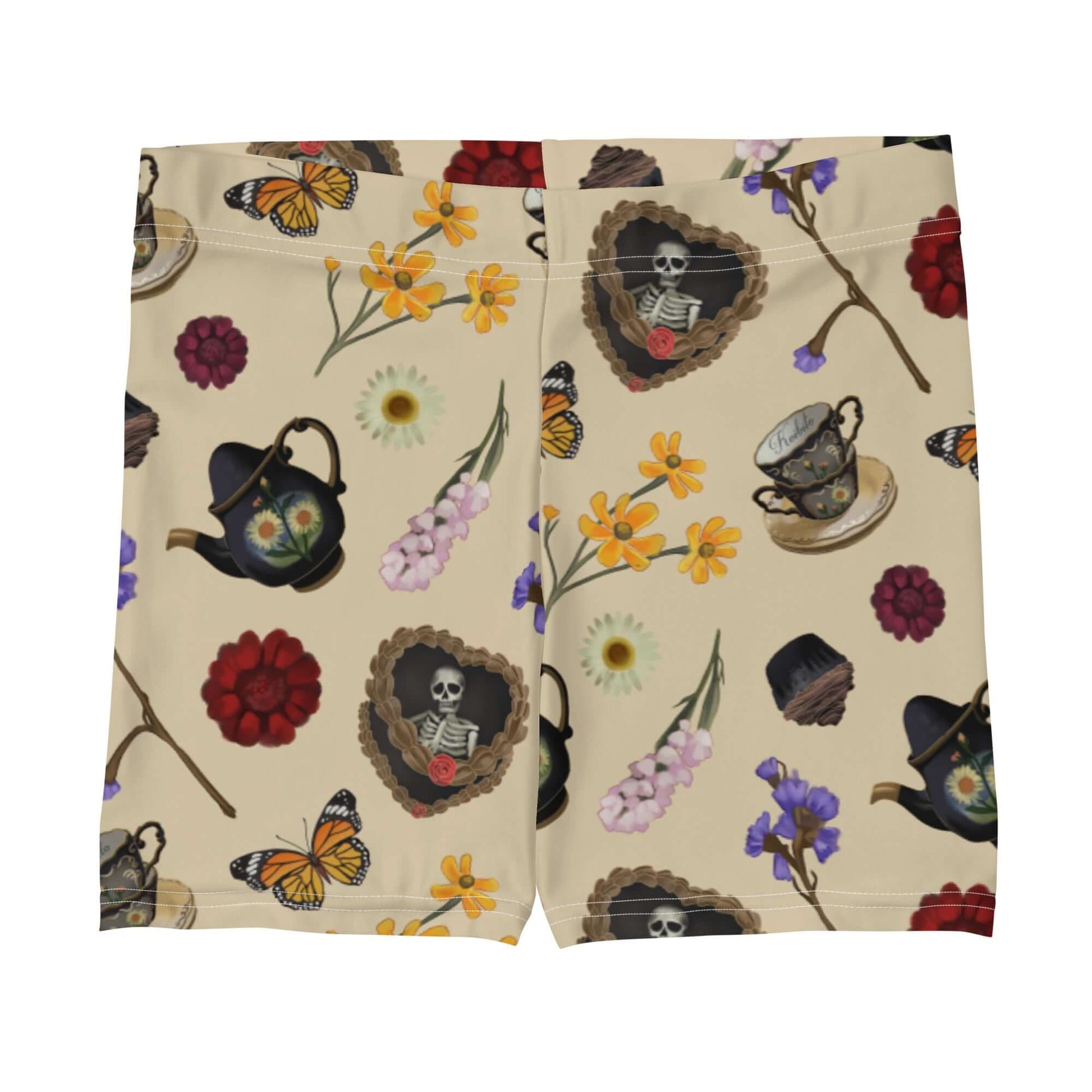 Gothic Tea Time Shorts feature a unique floral and skeleton design for stylish comfort both indoors and out.