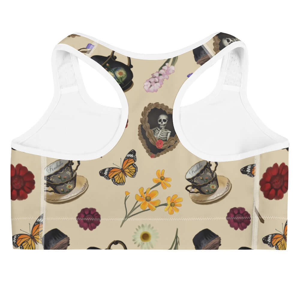 Gothic Tea Time Sports bra features whimsical flowers and butterflies, perfect for workouts with personality and style.