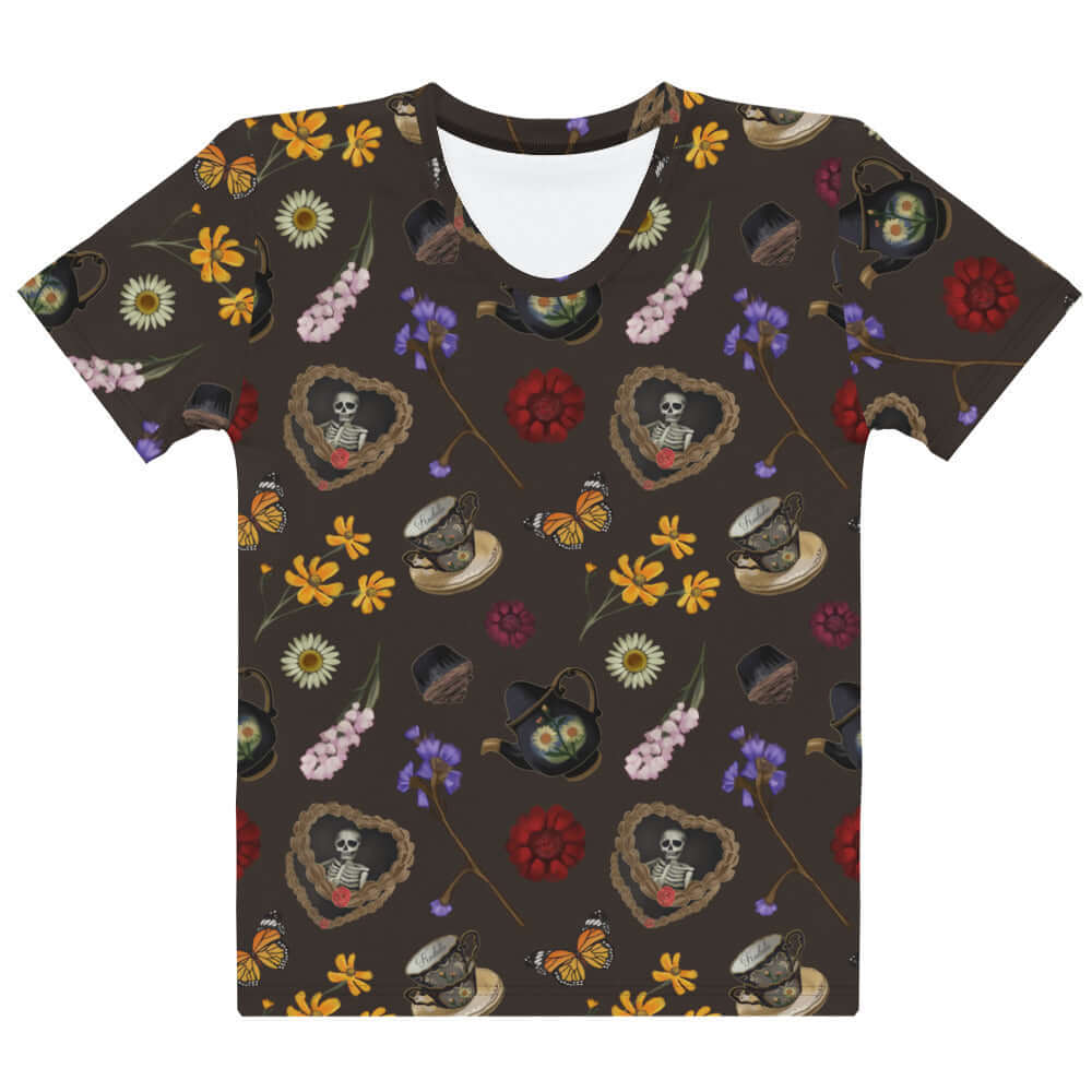 Gothic Tea Time T-shirt featuring vibrant floral and skull designs, perfect for unique style and comfort.