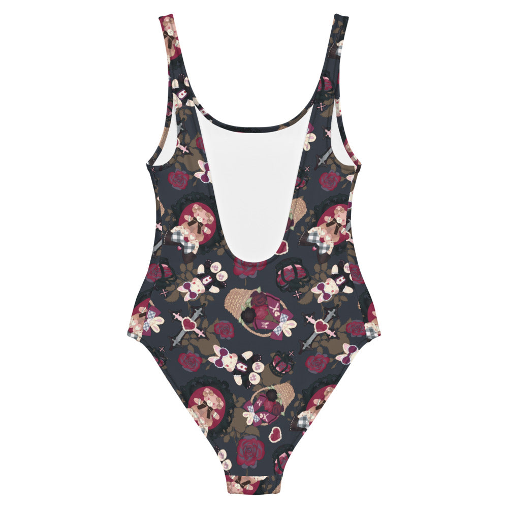 Gothic Teddy One-Piece Swimsuit featuring a unique floral design, perfect for gothic lolita style at your next beach outing.