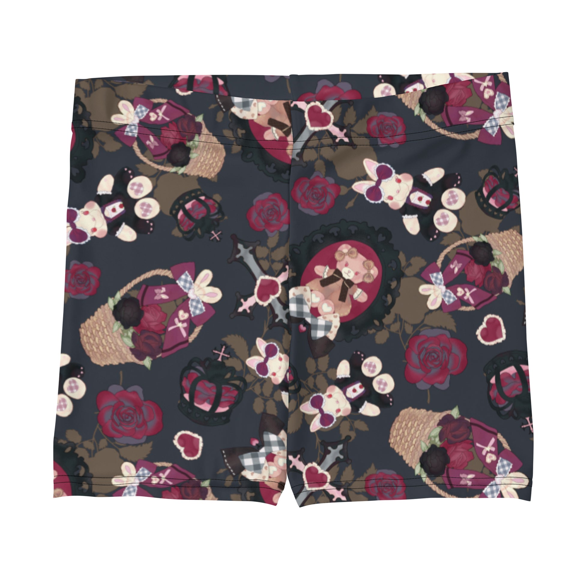 Gothic Teddy Shorts featuring a playful design with bunnies and roses, perfect for stylish workouts or casual wear.