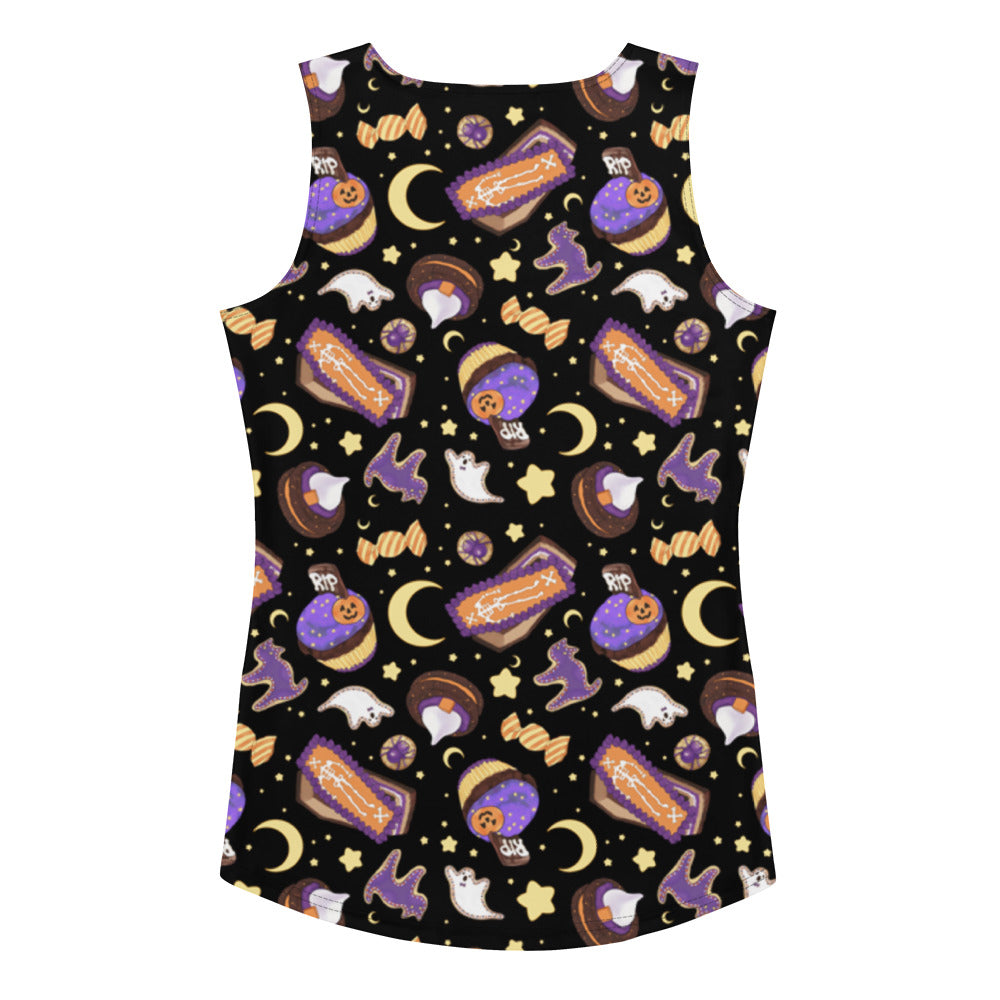 Stylish Halloween Treat Tank Top featuring festive prints, perfect for gym or errands—comfortable body-hugging fit!