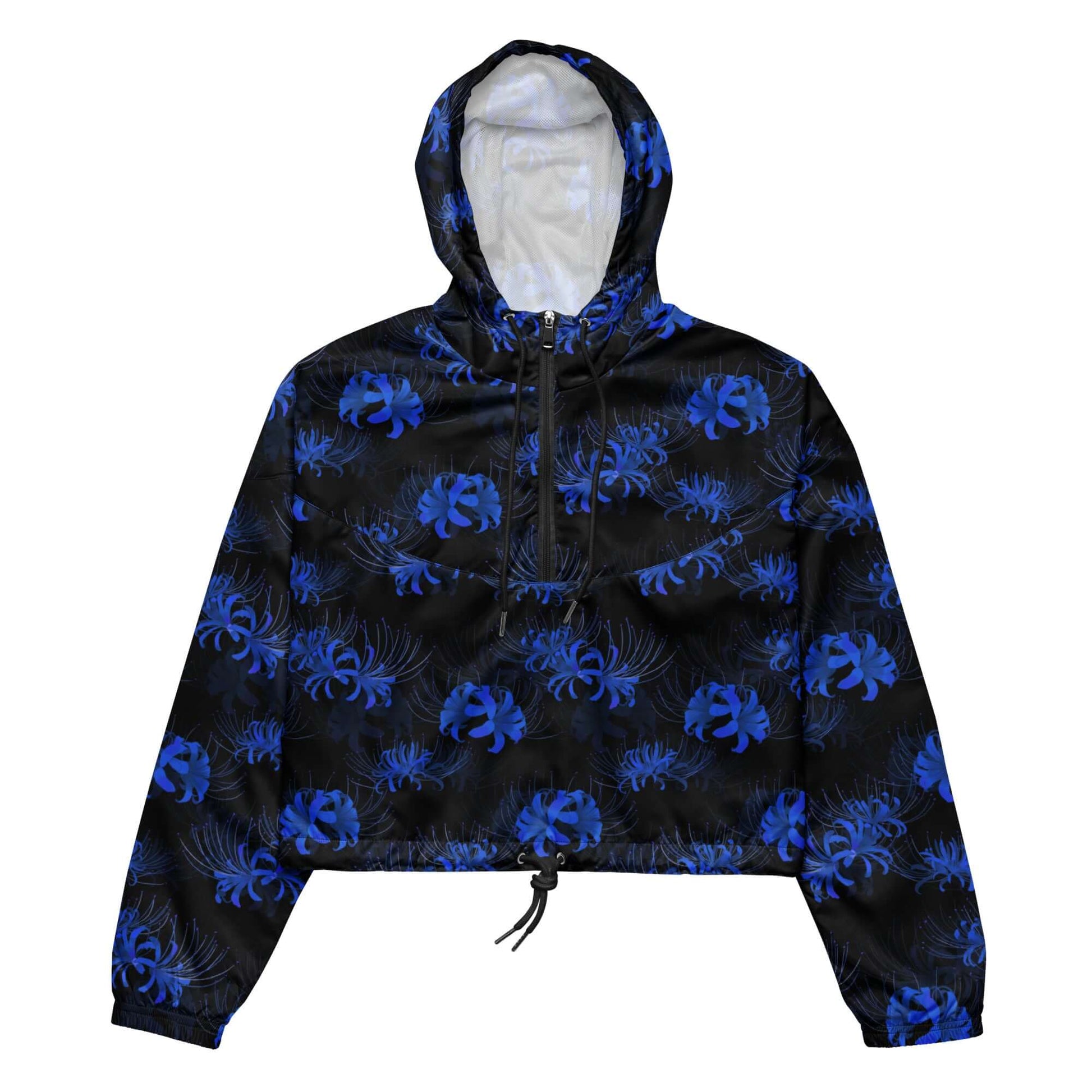 Lightweight and stylish, the Higanbana cropped windbreaker features a vibrant blue floral design, perfect for adventures.