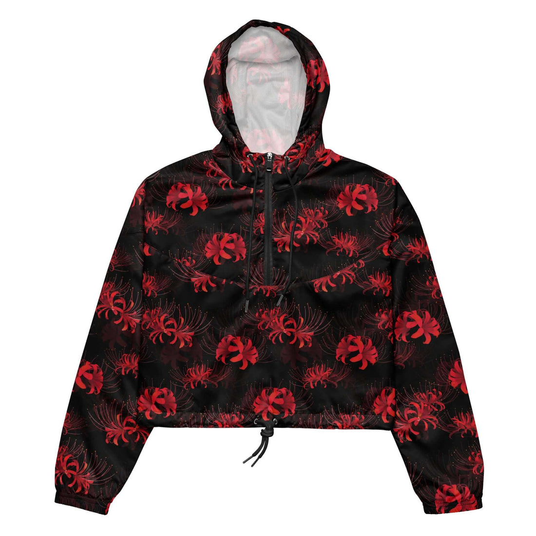 Lightweight and stylish, the Higanbana cropped windbreaker features floral prints, perfect for any adventure.