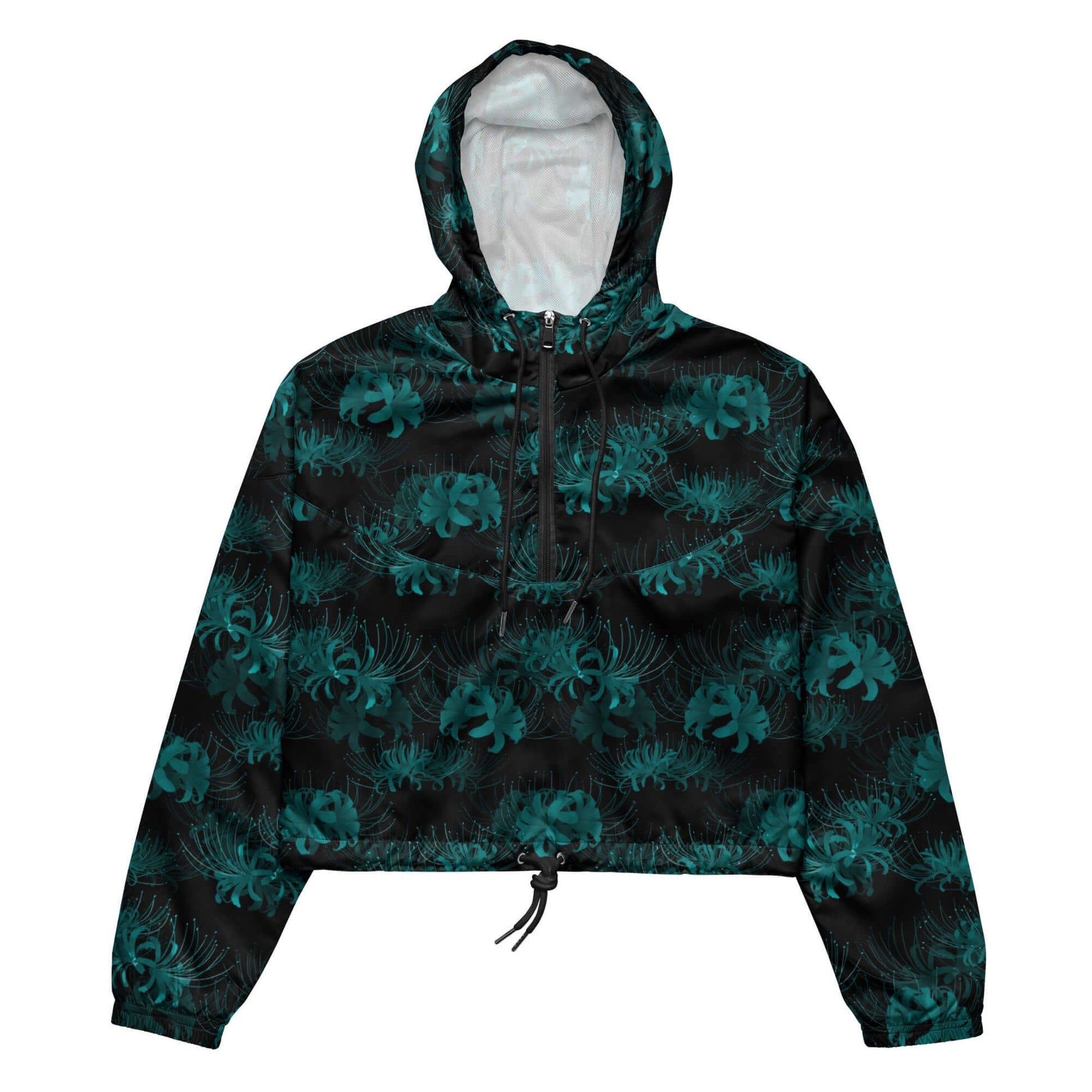 Higanbana cropped windbreaker features a stylish floral design, perfect for hiking adventures in any weather.