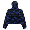 Stylish Higanbana cropped windbreaker in black with blue floral print, perfect for adventures and rainy hikes.