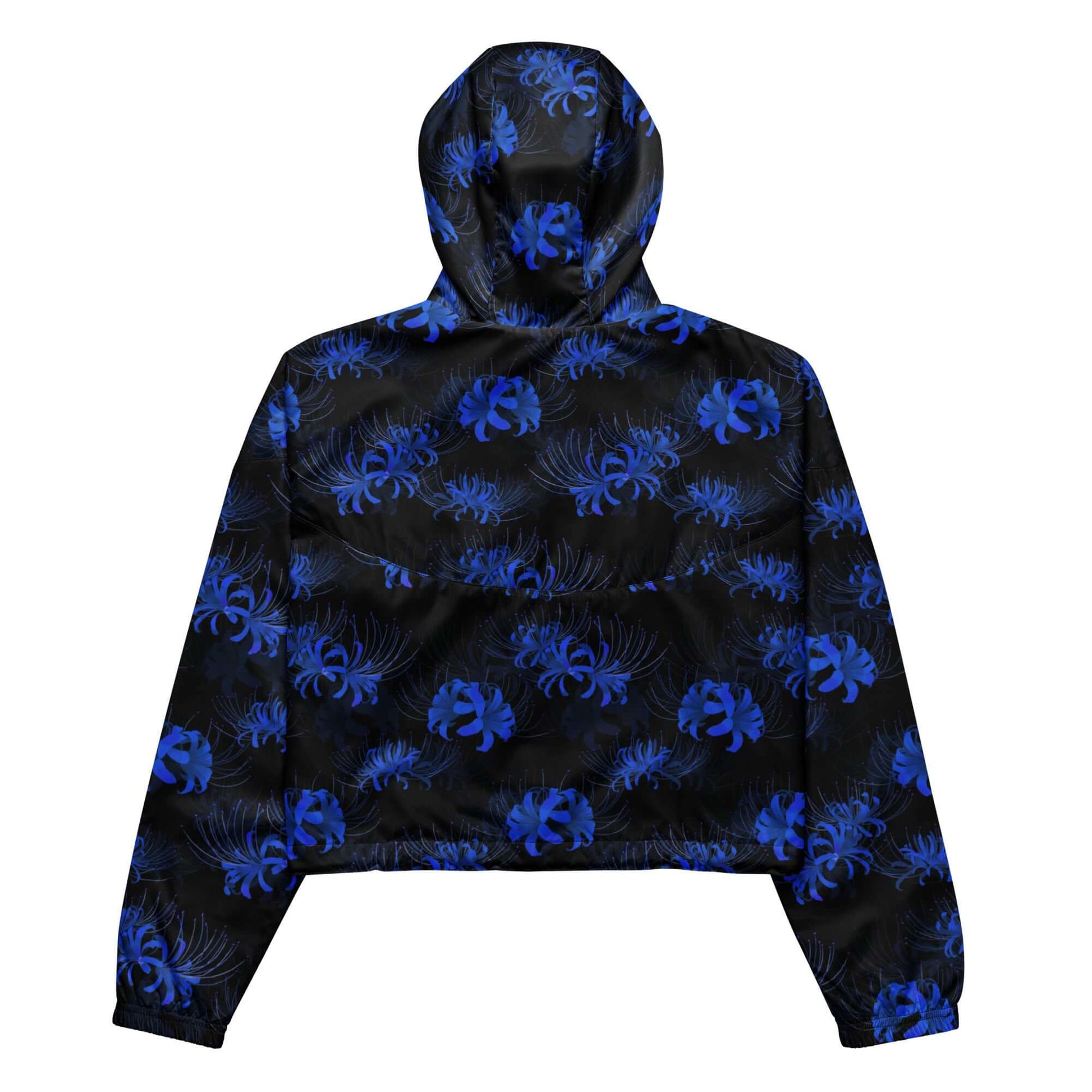 Stylish Higanbana cropped windbreaker in black with blue floral print, perfect for adventures and rainy hikes.
