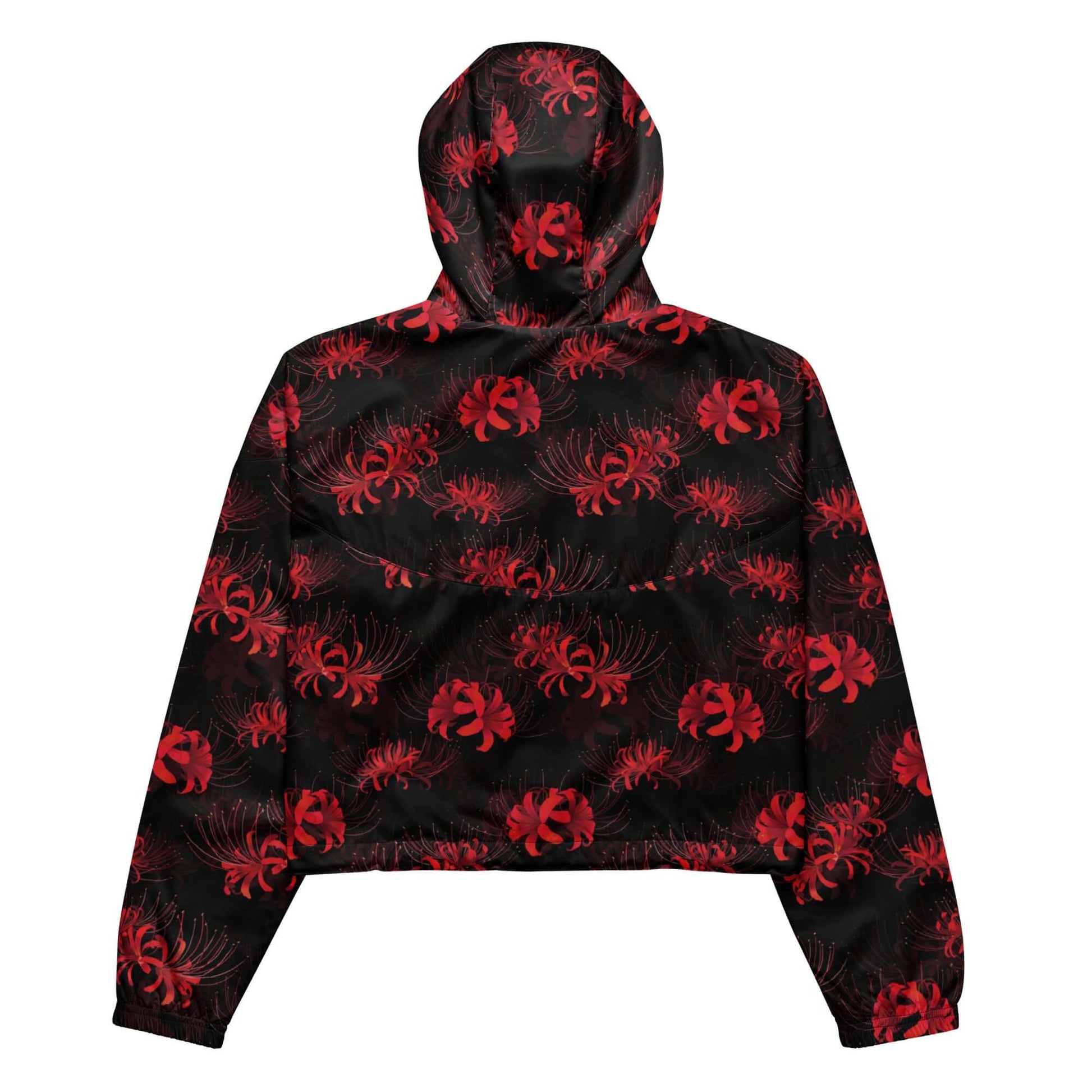 Stylish Higanbana cropped windbreaker in black with vibrant red floral print, perfect for outdoor adventures.