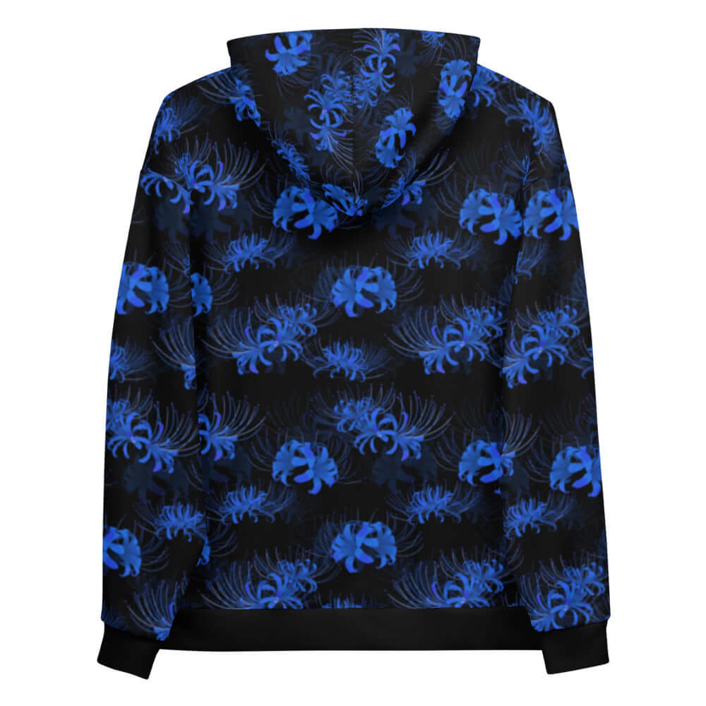 Stylish Higanbana Hoodie featuring vibrant blue spider lilies on a black background, perfect for a mysterious vibe.