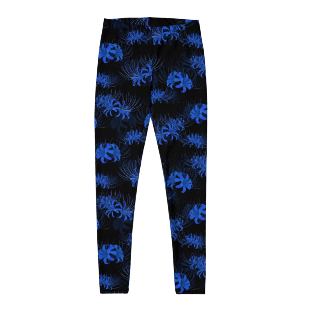 Higanbana Leggings feature a stylish blue floral design, perfect for yoga and gym workouts. Versatile and comfortable!