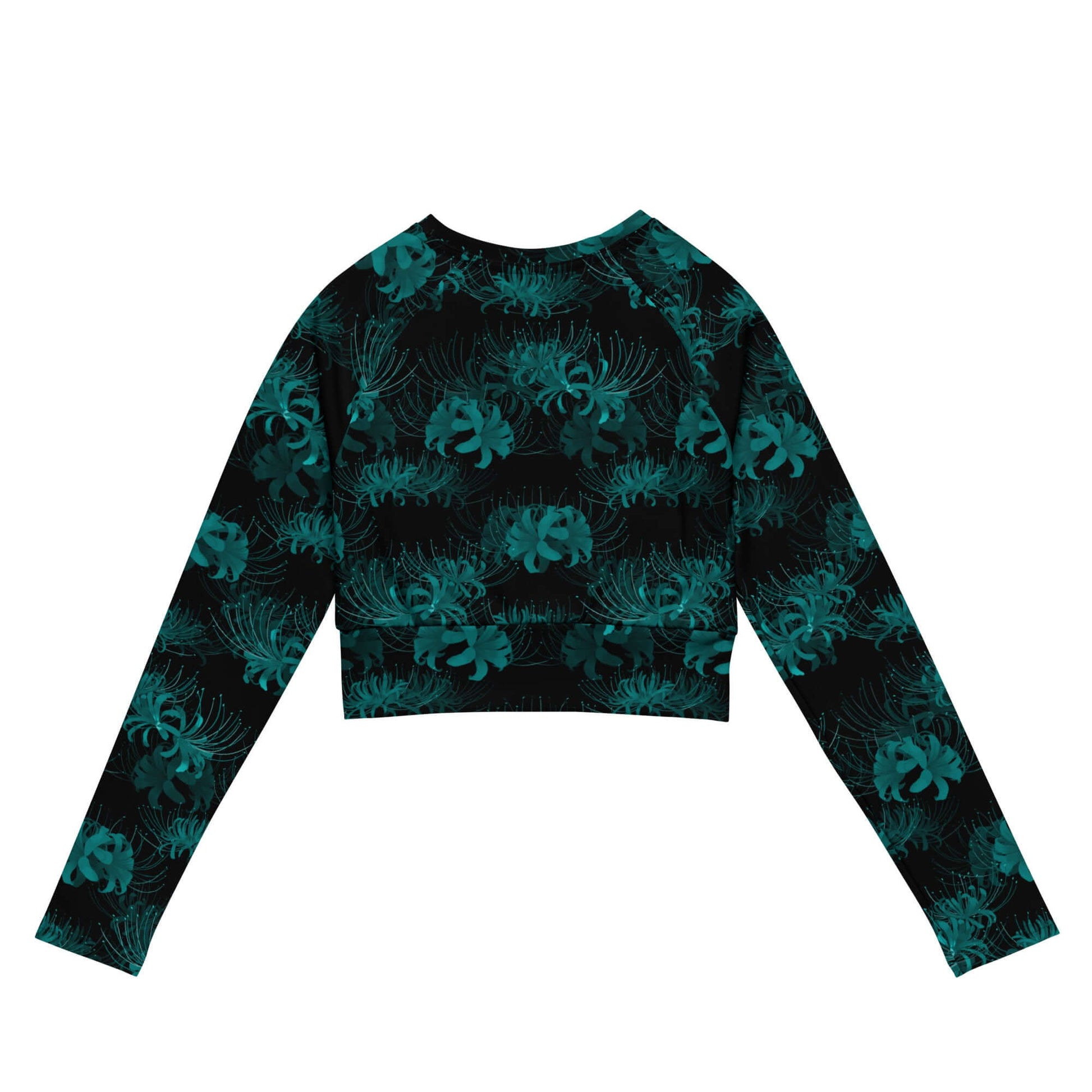 Eco-friendly Higanbana Long-sleeved Crop Top in black with floral design, perfect for athleisure and sports.