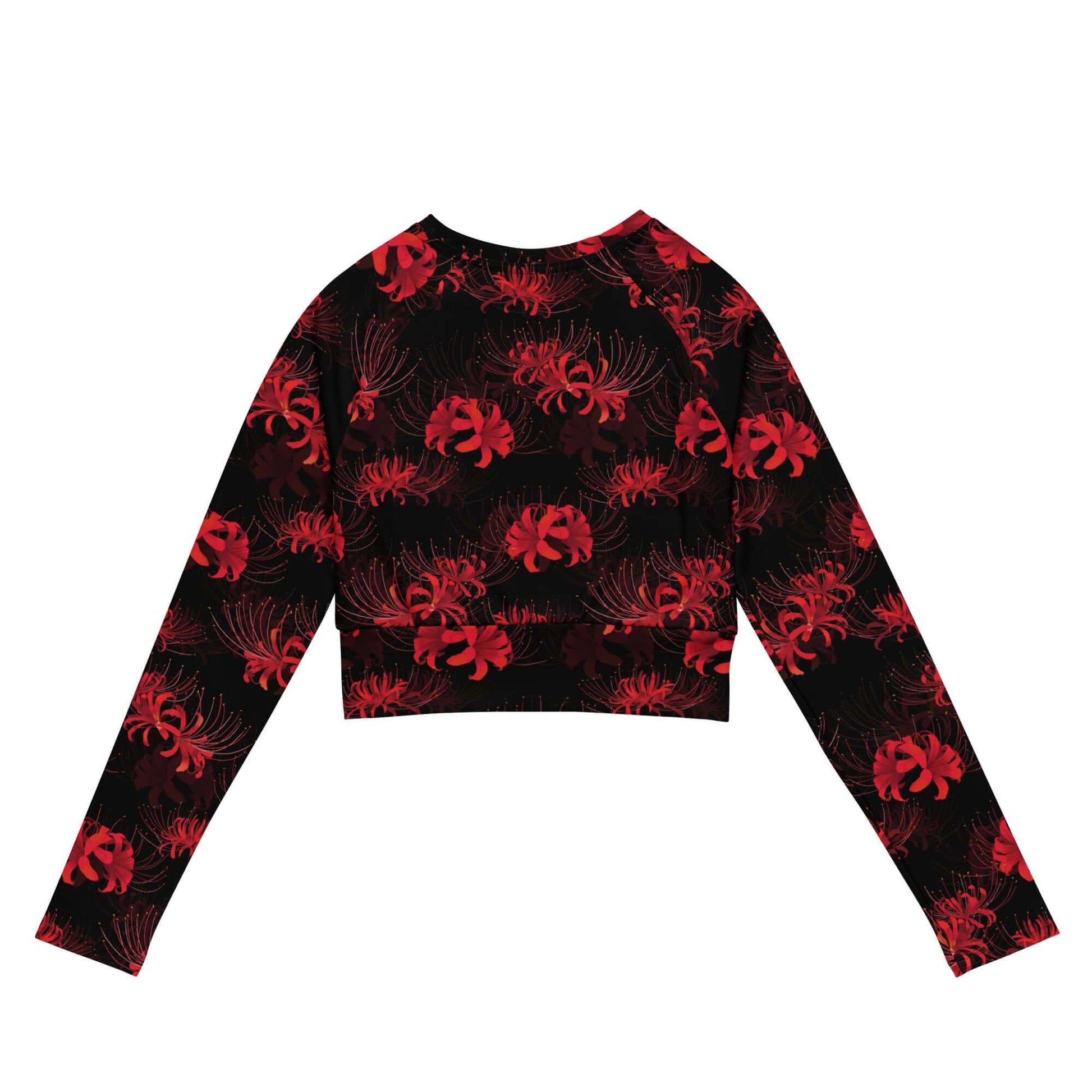 Higanbana Long-sleeved Crop Top features a stylish floral design, perfect for eco-friendly athleisure looks.