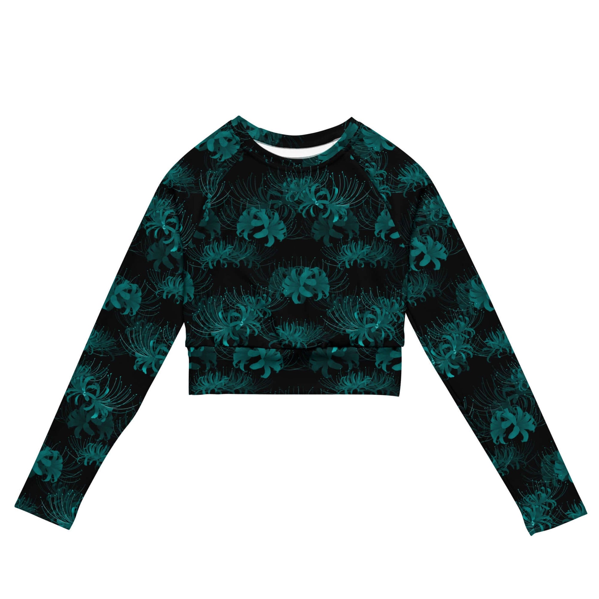 Stylish Higanbana Long-sleeved Crop Top in vibrant floral print, perfect for eco-friendly athleisure and sports wear.