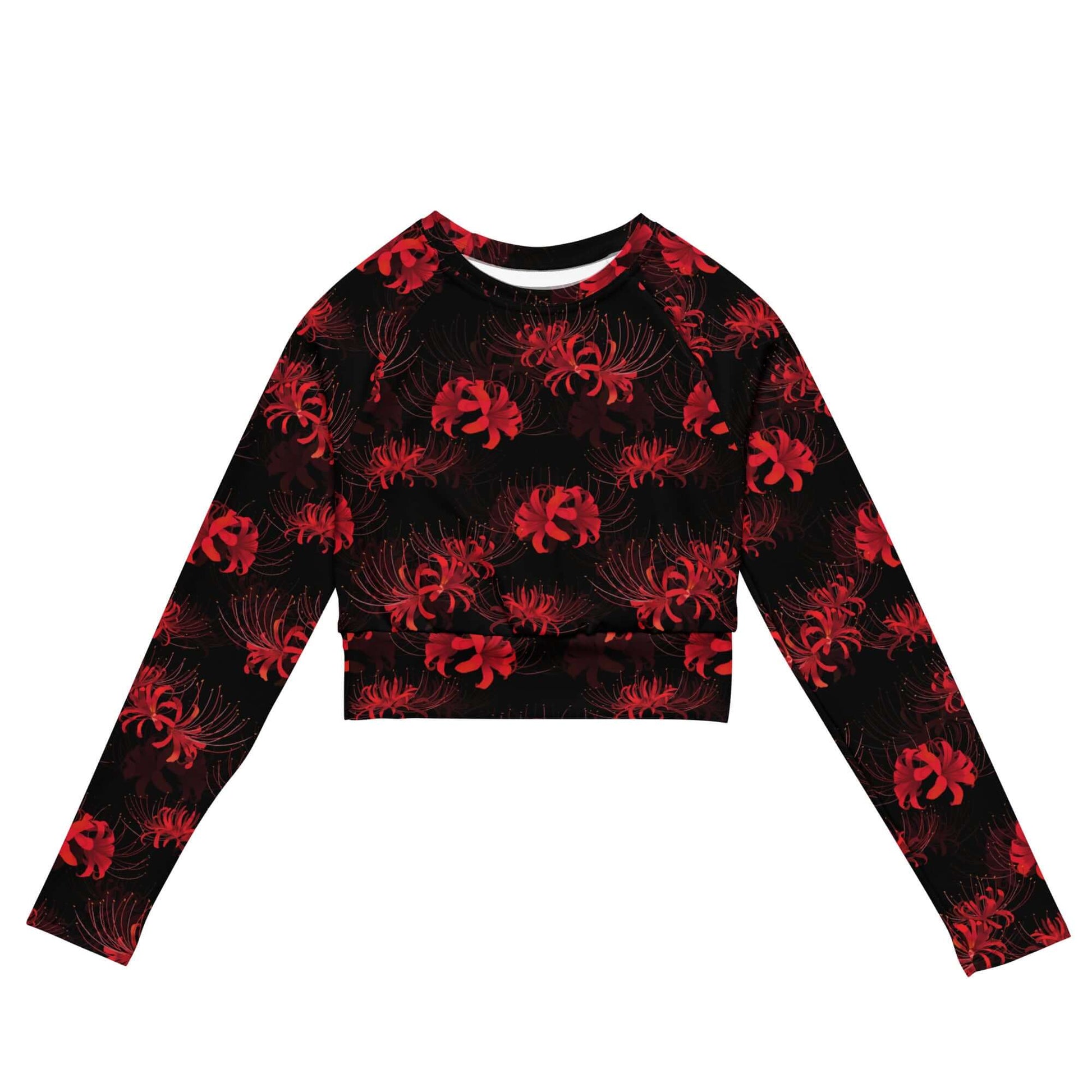 Stylish Higanbana Long-sleeved Crop Top in red and black, perfect for eco-friendly athleisure and sports.