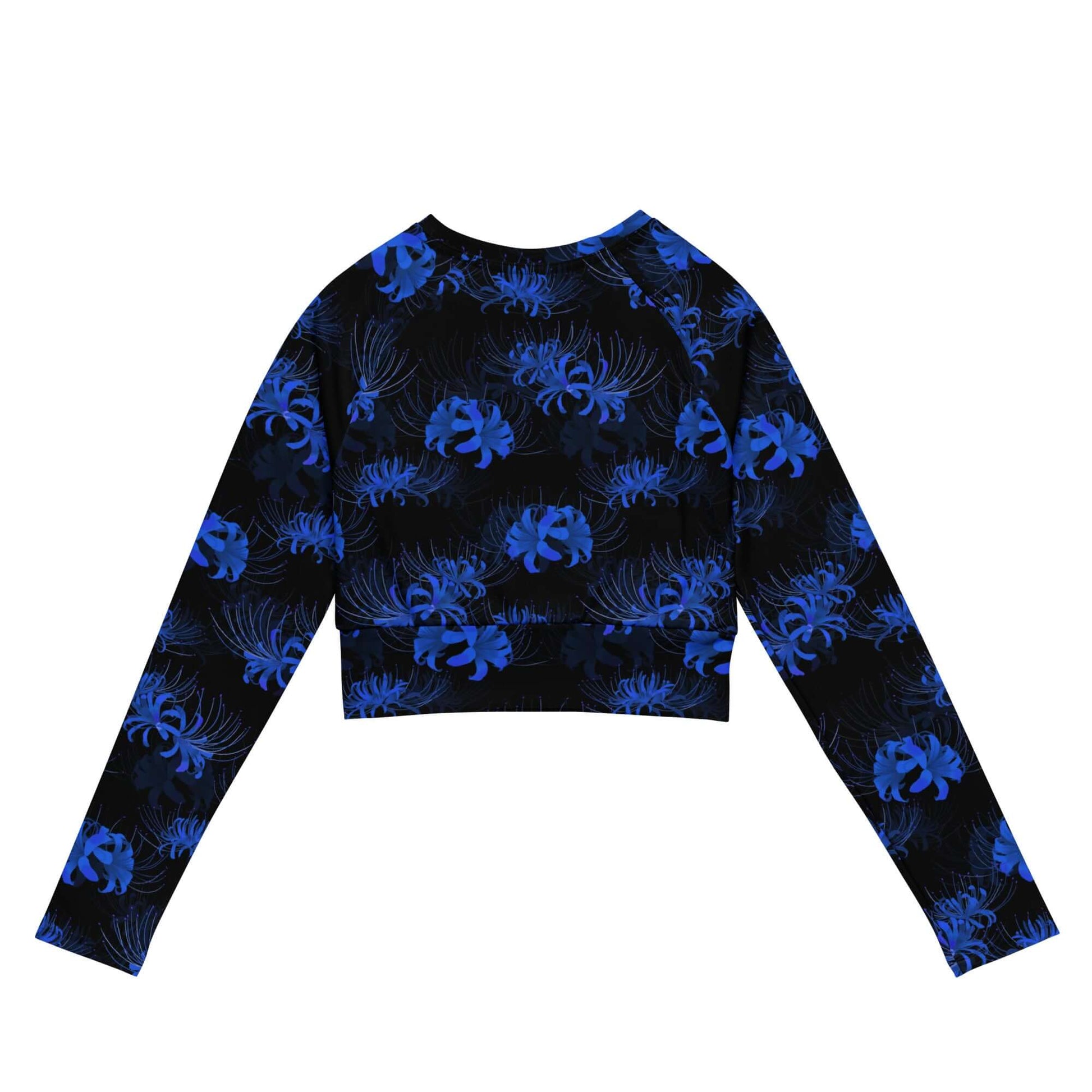 Stylish Higanbana Long-sleeved Crop Top with vibrant floral design, perfect for eco-friendly athleisure outfits.