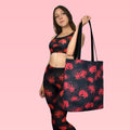 Stylish Higanbana Tote Bag (Red) featuring a vibrant Spider Lily print, perfect for gym or beach outings.