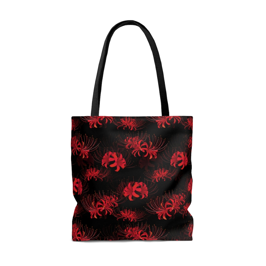 Stylish Higanbana Tote Bag (Red) featuring a vibrant Spider Lily print, perfect for gym or beach outings.