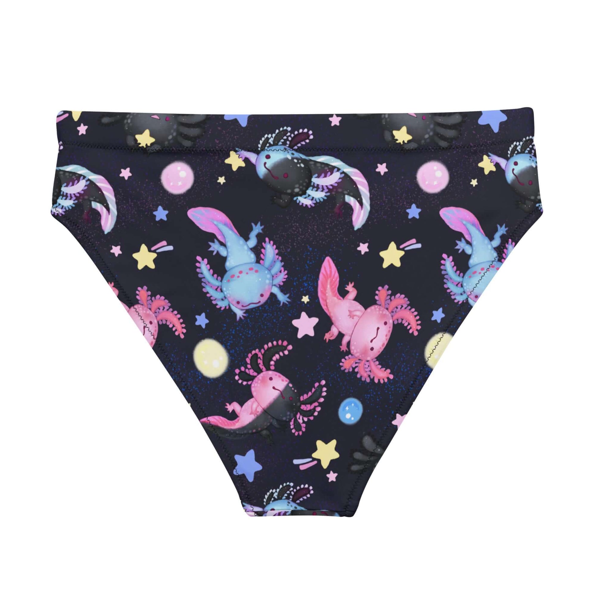 Stylish High-waisted Axolotl Bikini Bottom featuring colorful axolotls, perfect for beach adventures or spa days.