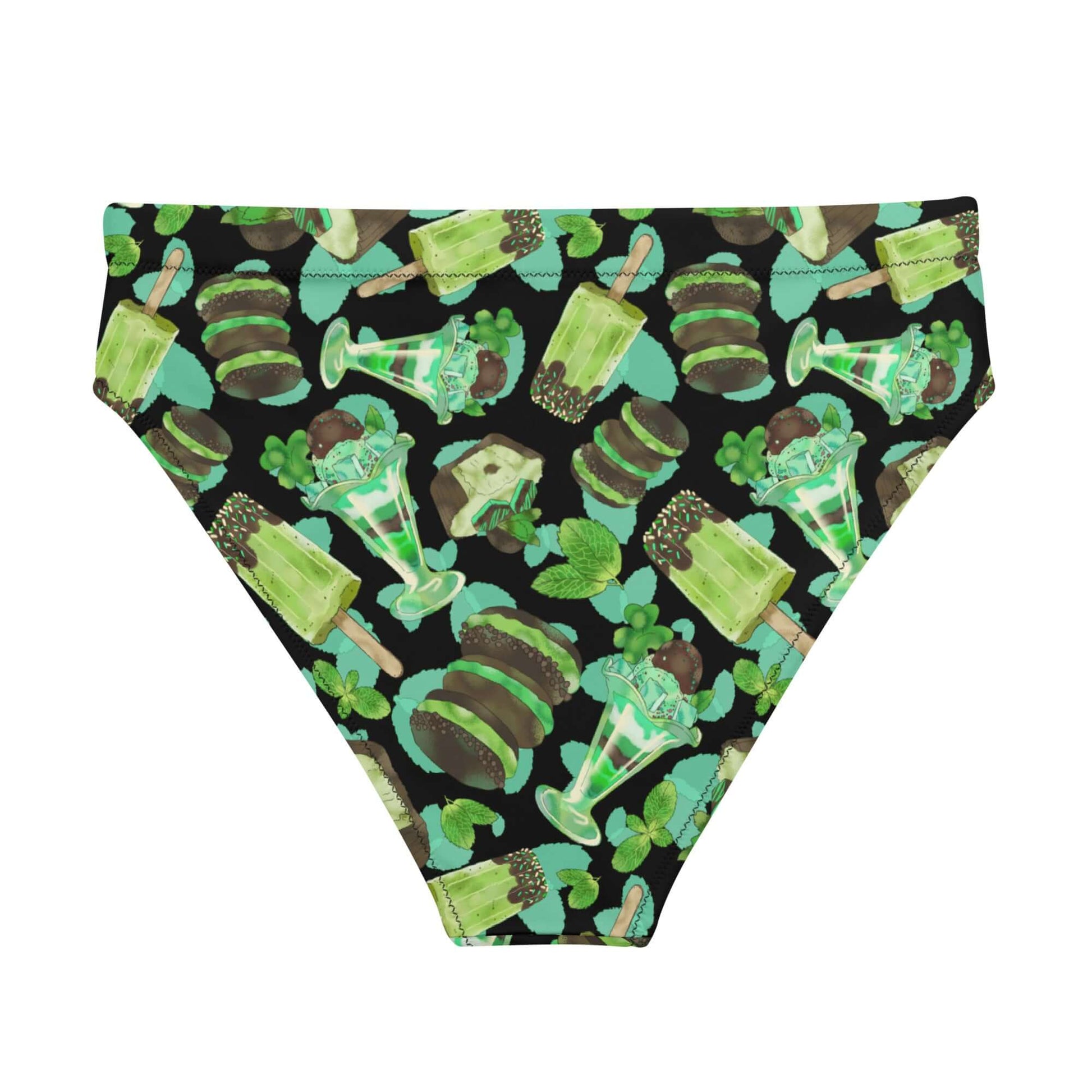 High-waisted Choco Mint Bikini Bottom featuring vibrant patterns, perfect for summer beach days and spa visits.