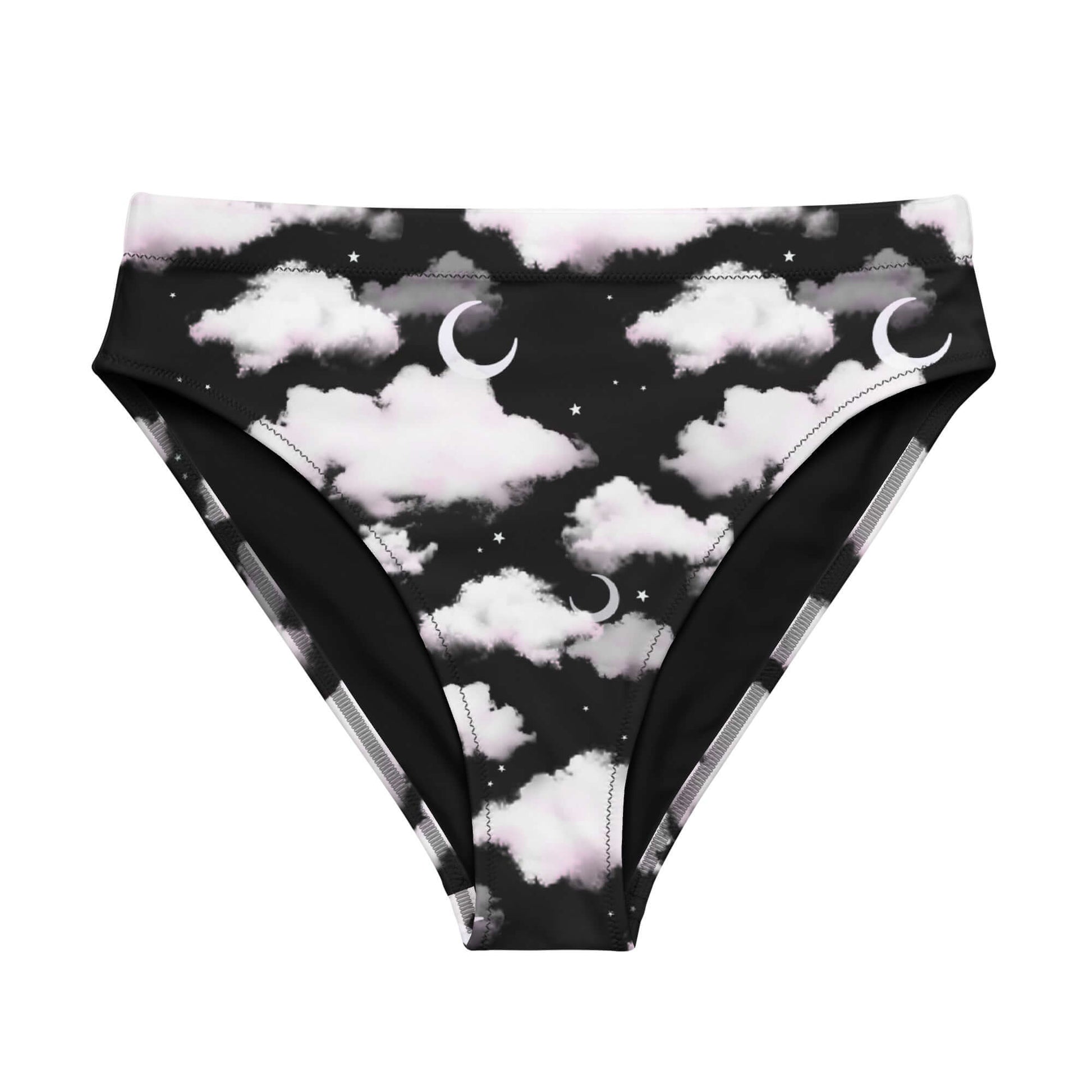 High-waisted Cloudy Sky Bikini Bottom featuring a dreamy cloud pattern, perfect for beach days and stylish pairings.