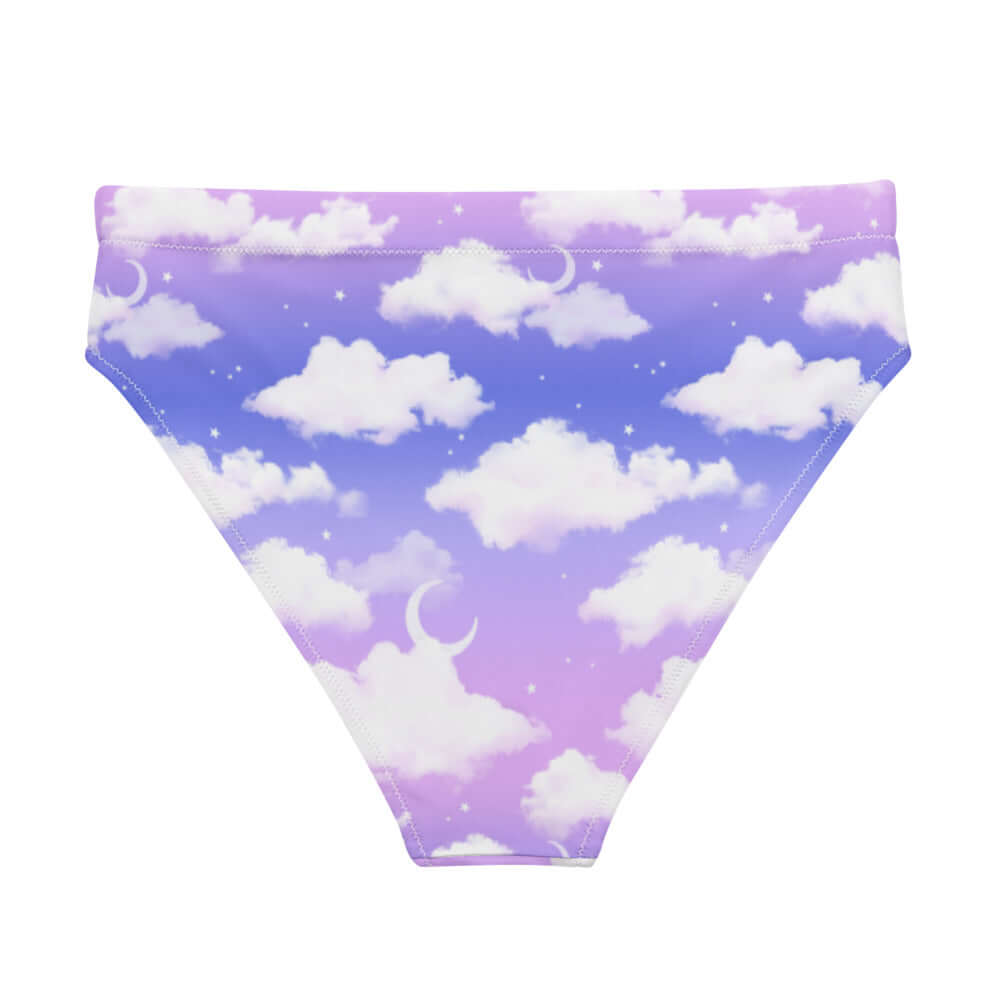 High-waisted Cloudy Sky Bikini Bottom features a dreamy cloud print, ideal for beach days or lounging in style.
