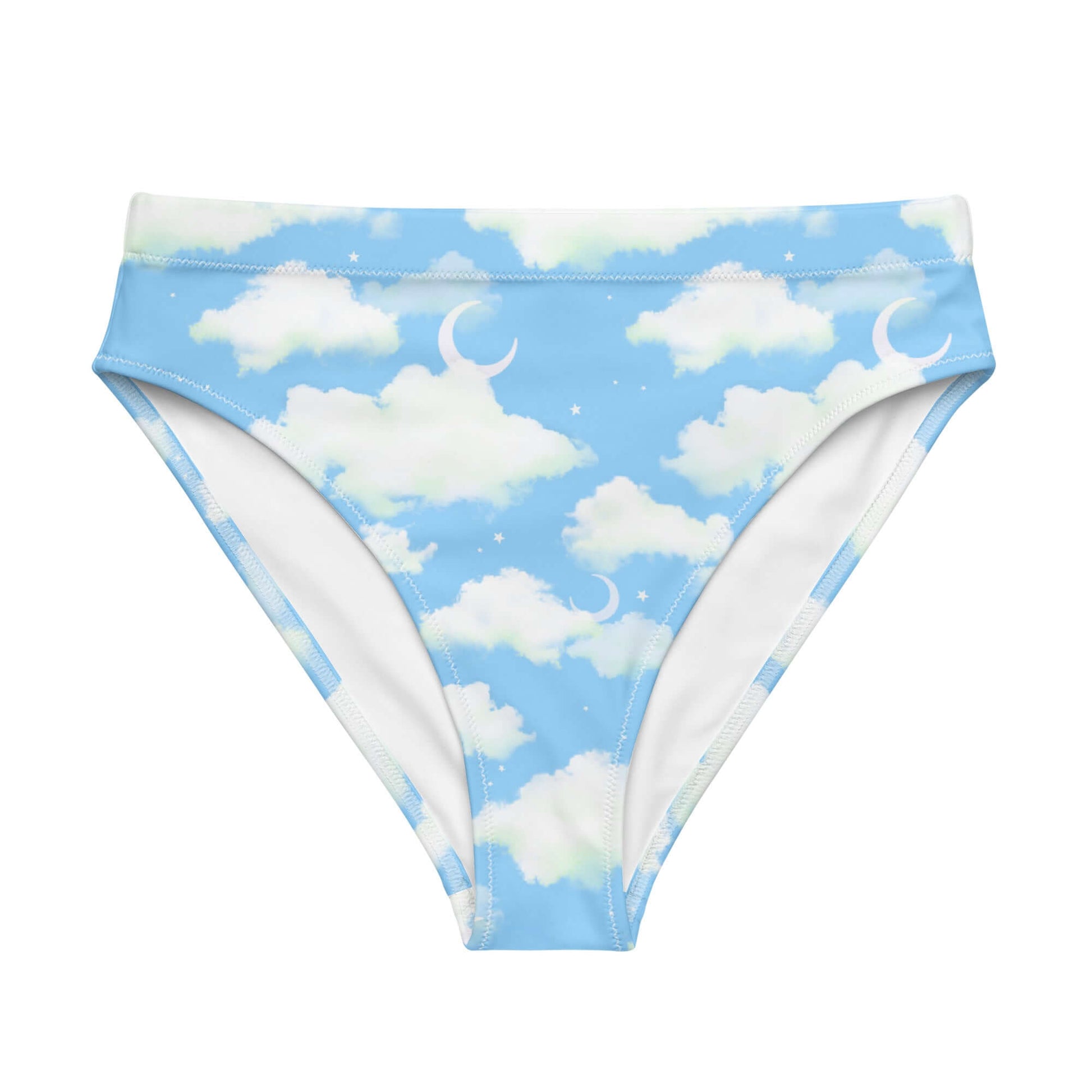 High-waisted Cloudy Sky Bikini Bottom features a dreamy cloud print, perfect for beach days or lounging.