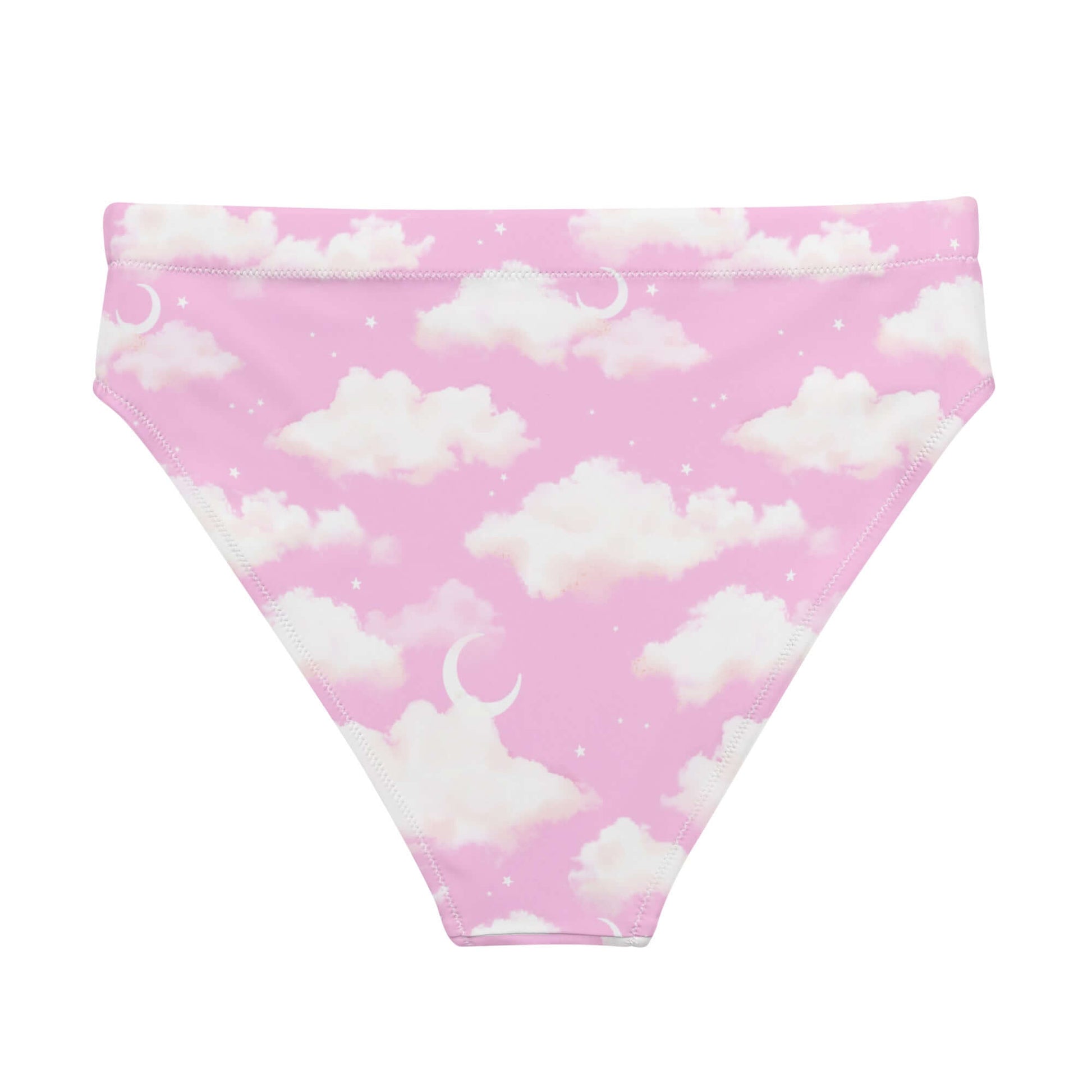 High-waisted Cloudy Sky Bikini Bottom featuring a dreamy cloud design, perfect for beach adventures or relaxing days.