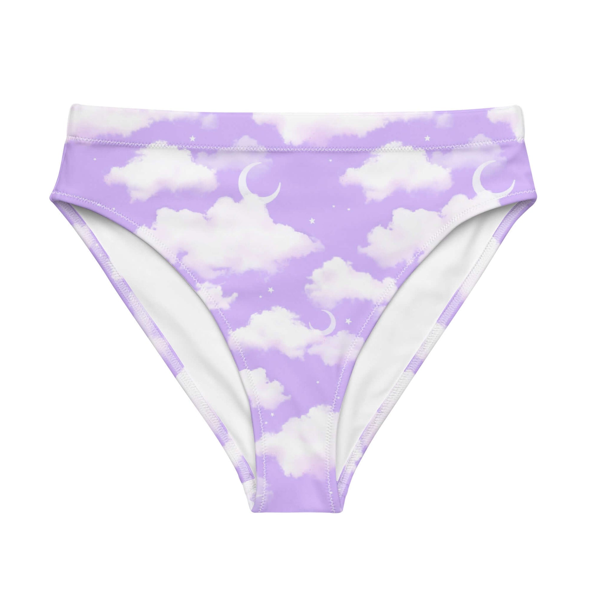 Shop the High-waisted Cloudy Sky Bikini Bottom, featuring a dreamy cloud design perfect for beach adventures.