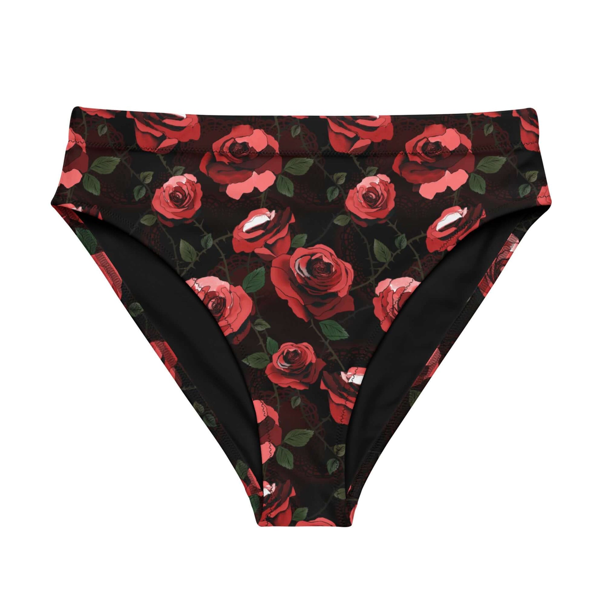 High-waisted Enchanted Rose Bikini Bottom features a vibrant rose pattern, perfect for swimming or lounging in style.