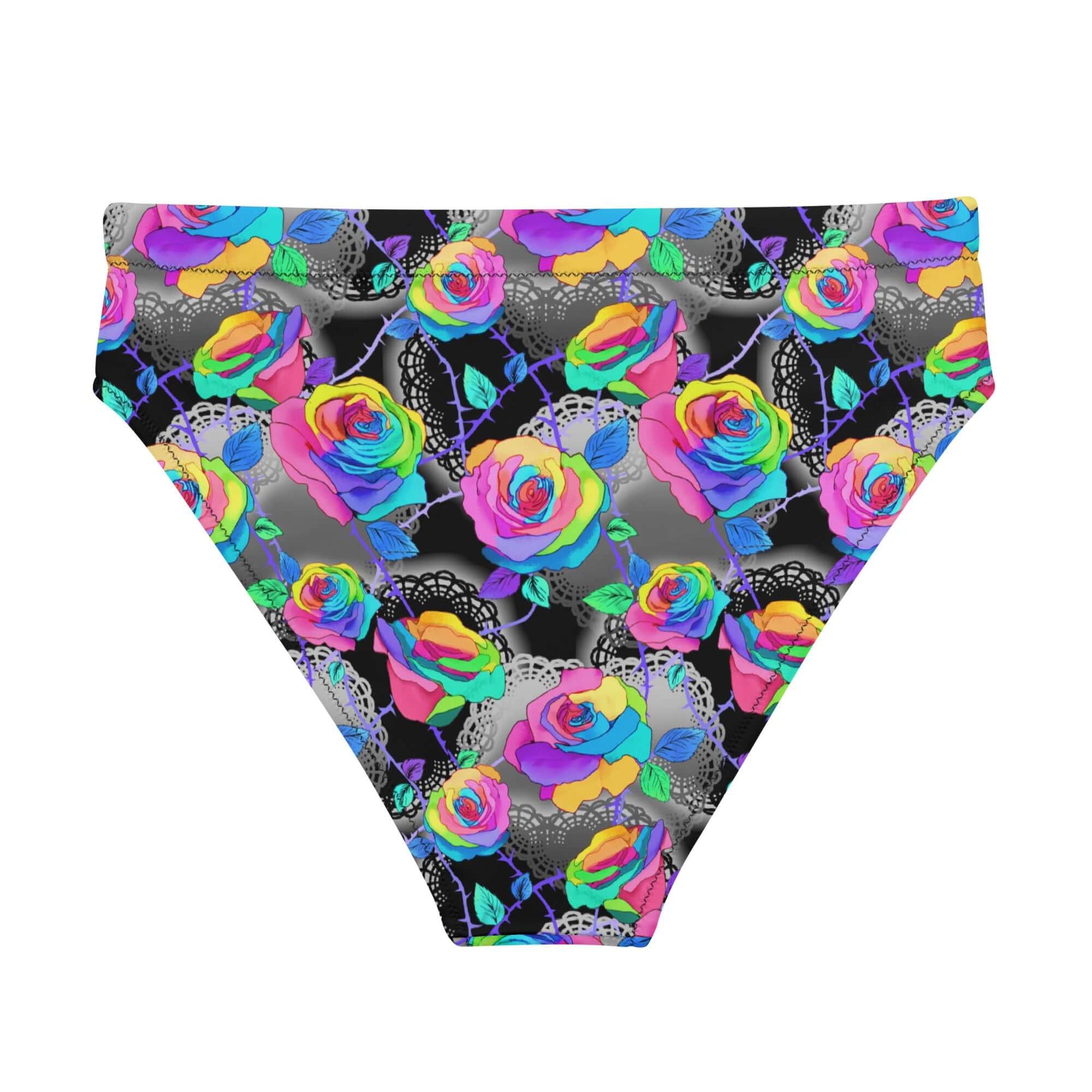 High-waisted Enchanted Rose Bikini Bottom features a vibrant floral design, perfect for lounging and swimming in style.