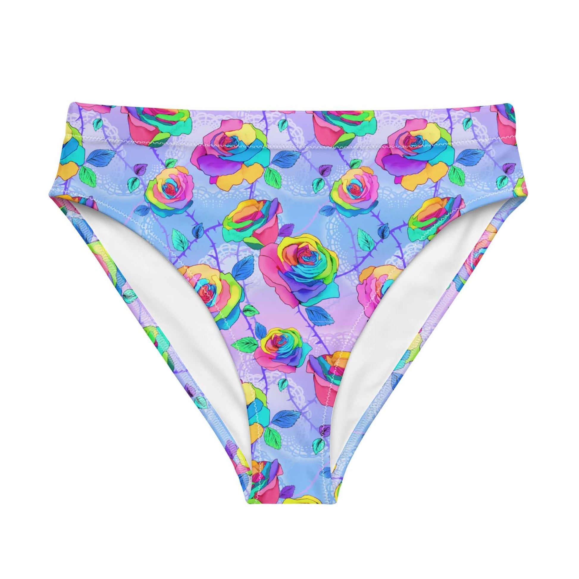 High-waisted Enchanted Rose Bikini Bottom features vibrant floral patterns, perfect for lounging or swimming in style.