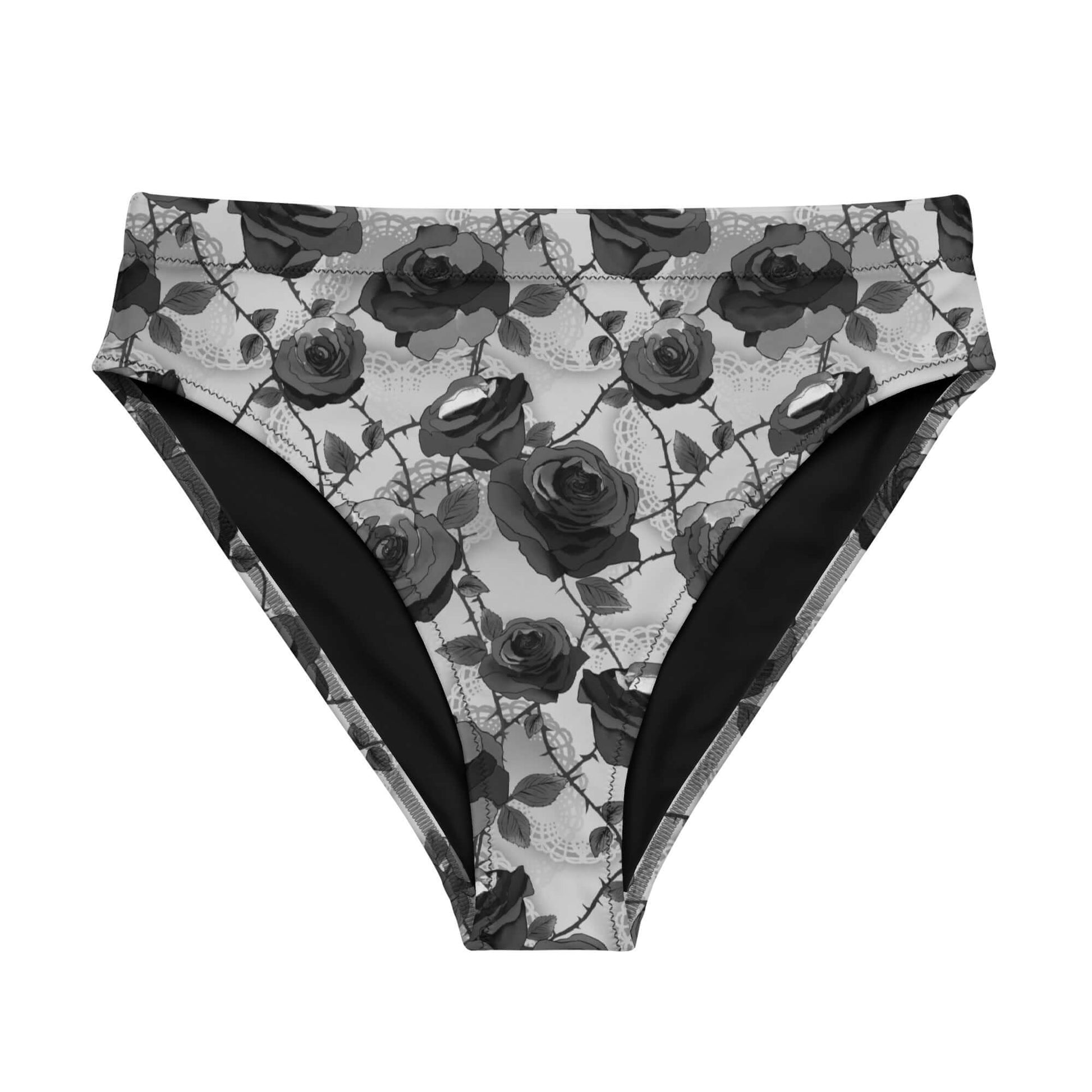 High-waisted Enchanted Rose Bikini Bottom features a chic floral design, perfect for lounging and swimming.
